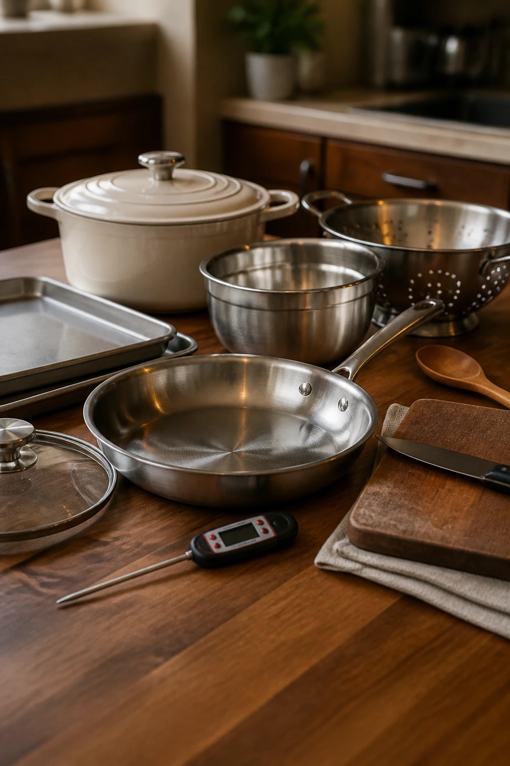 Close-up of essential kitchen equipment on a wooden counter, skillet, Dutch oven, sheet pans, knife and thermometer