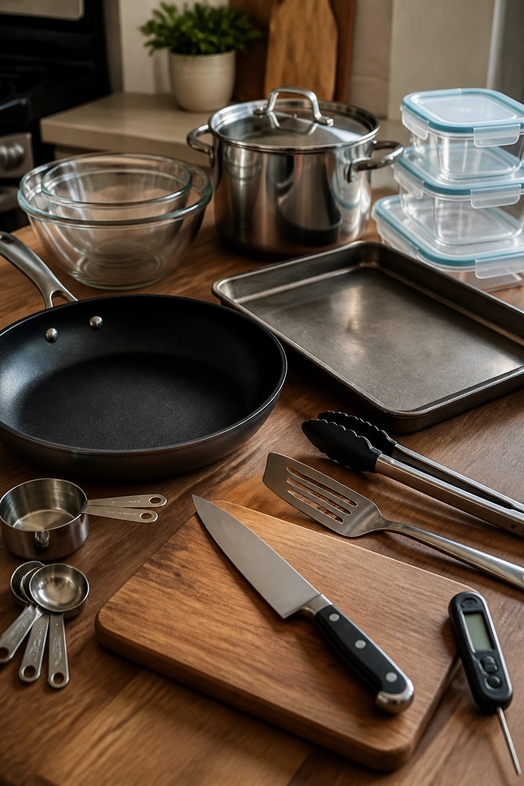 Close-up of essential kitchen tools on a counter: skillet, sheet pan, knife, cutting board, bowls, thermometer, and containers