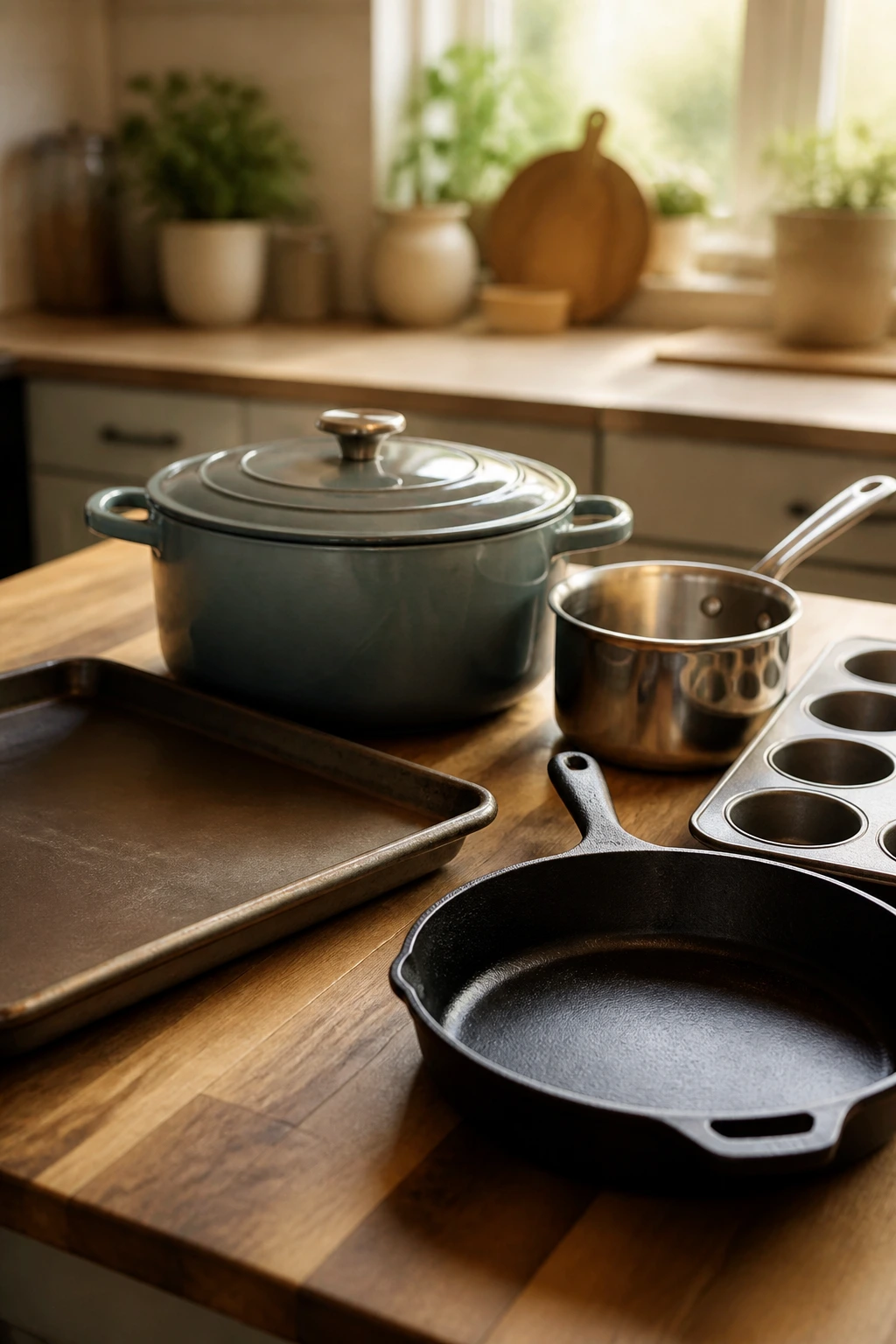 Collection of essential kitchen equipment including Dutch oven, sheet pan, skillet, and muffin tin on a wooden counter.