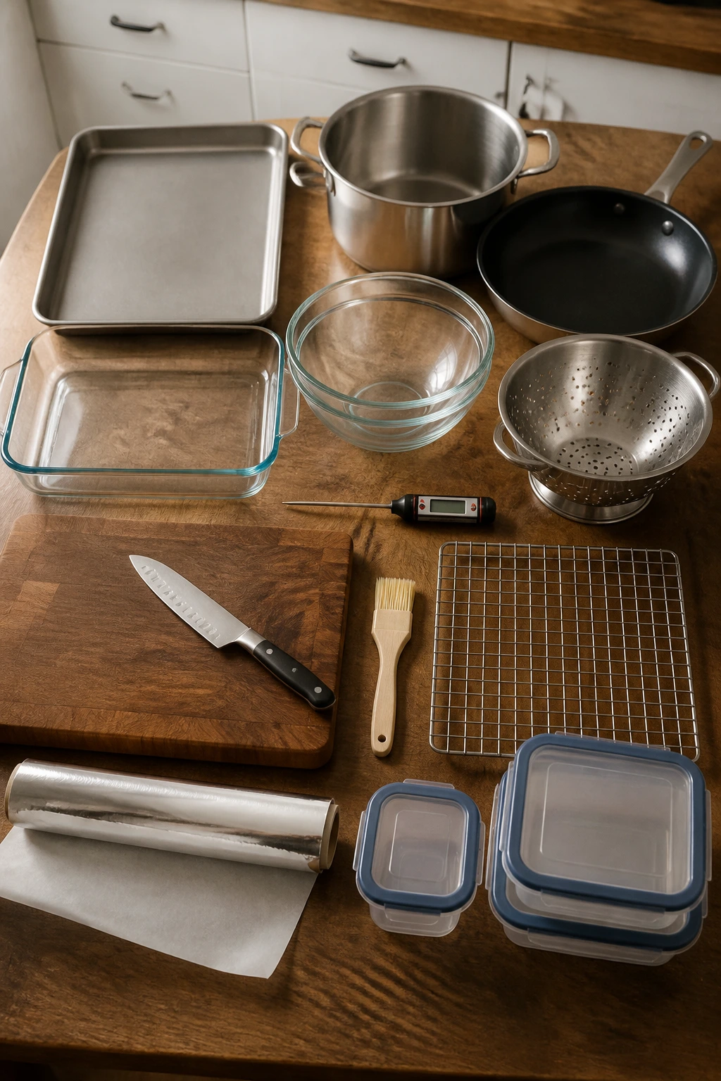 Close-up of essential kitchen equipment lined up on a wooden counter