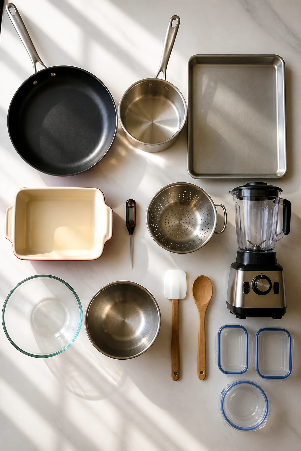 Collection of essential kitchen equipment laid out on counter