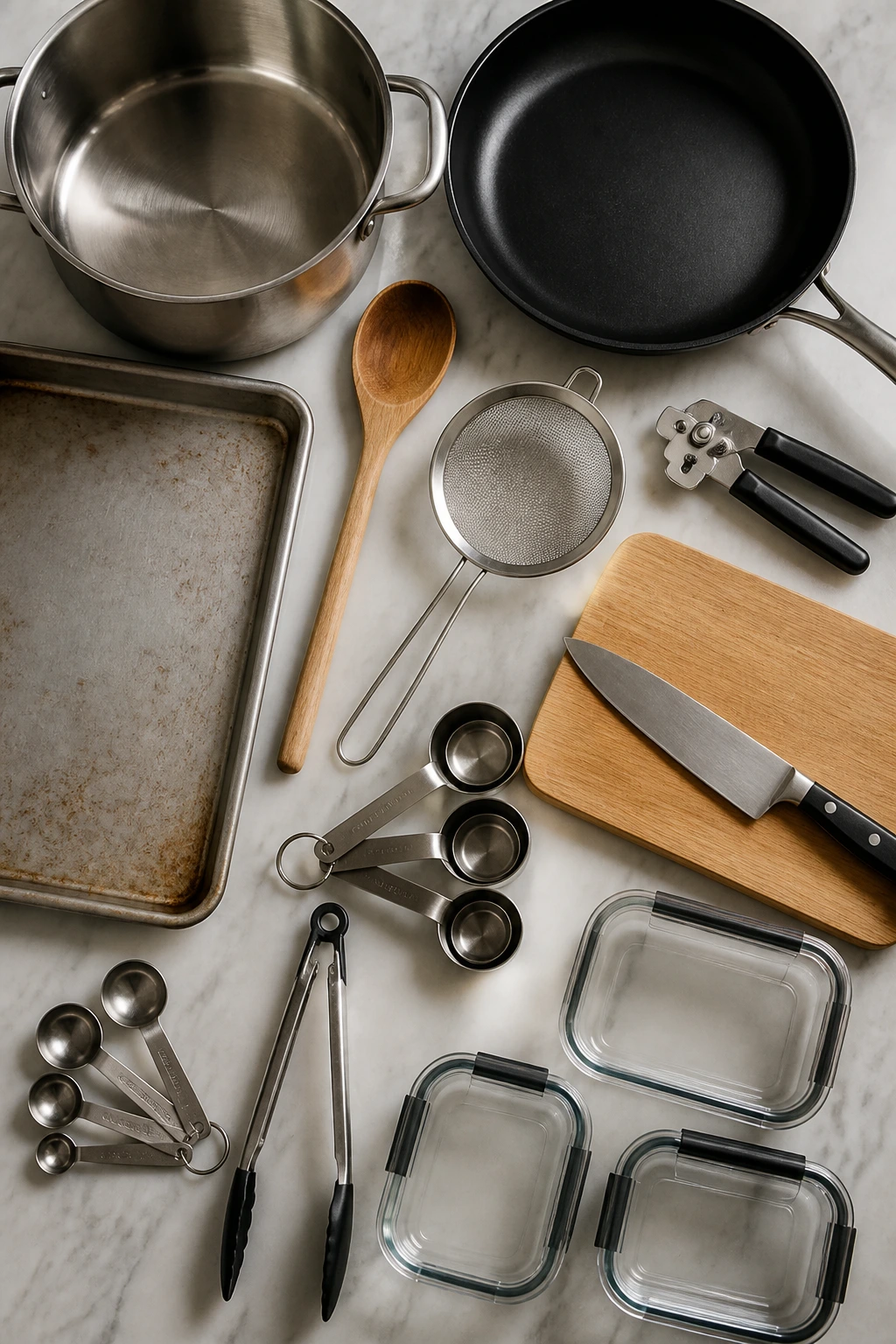 Essential kitchen equipment laid out on a wooden surface