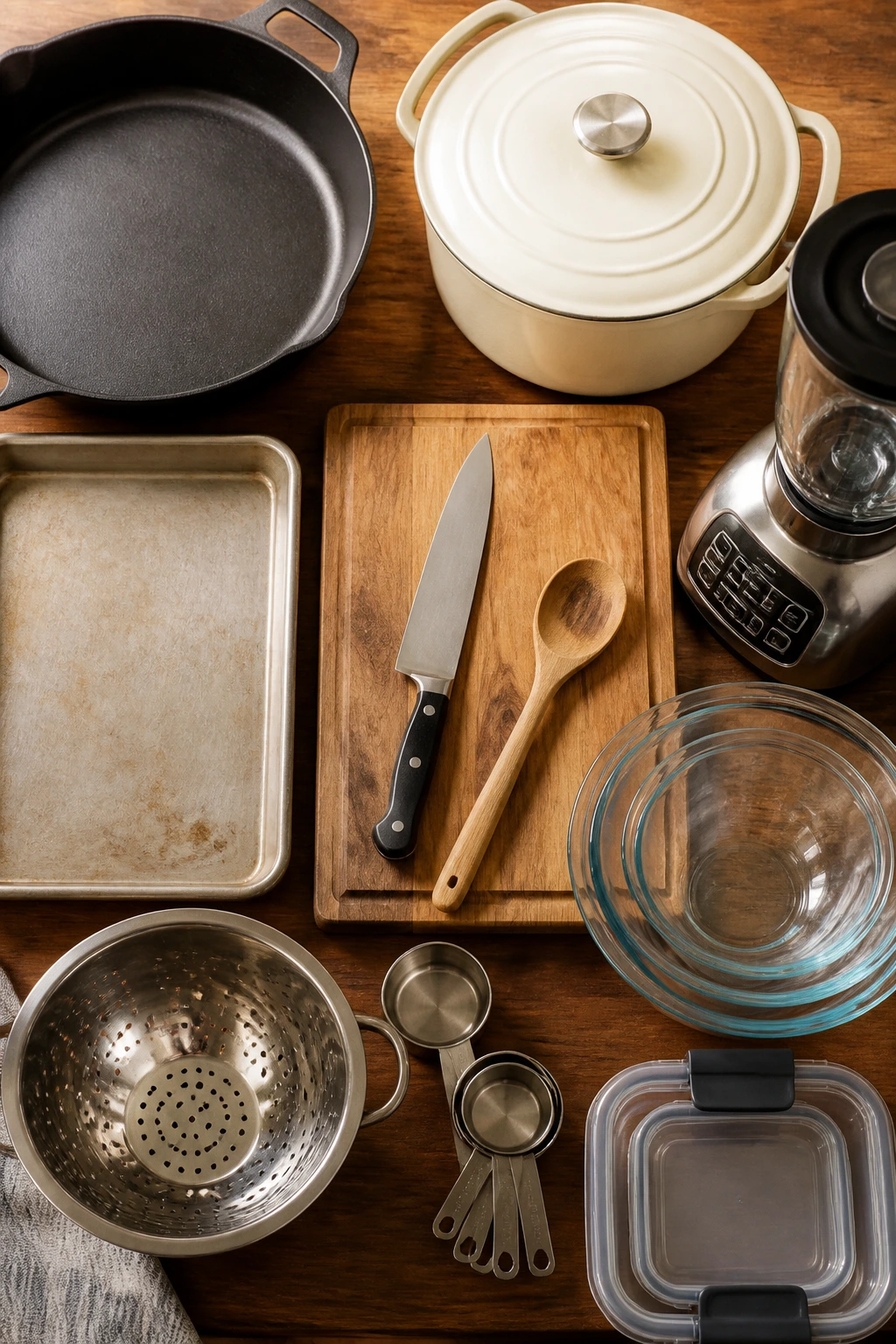 Top-down view of essential kitchen equipment for vegetarian recipes