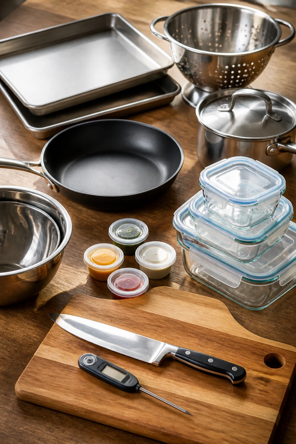 Close-up of essential kitchen equipment arranged on a wooden surface