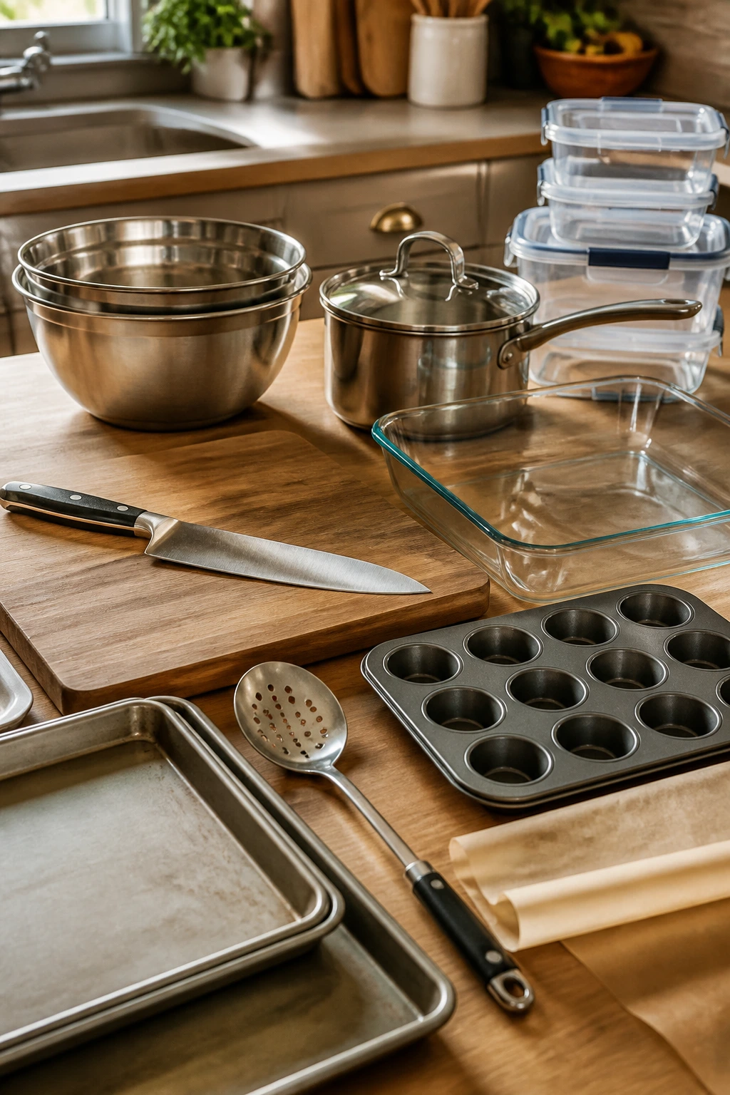 Close-up of essential kitchen tools laid out on a counter.