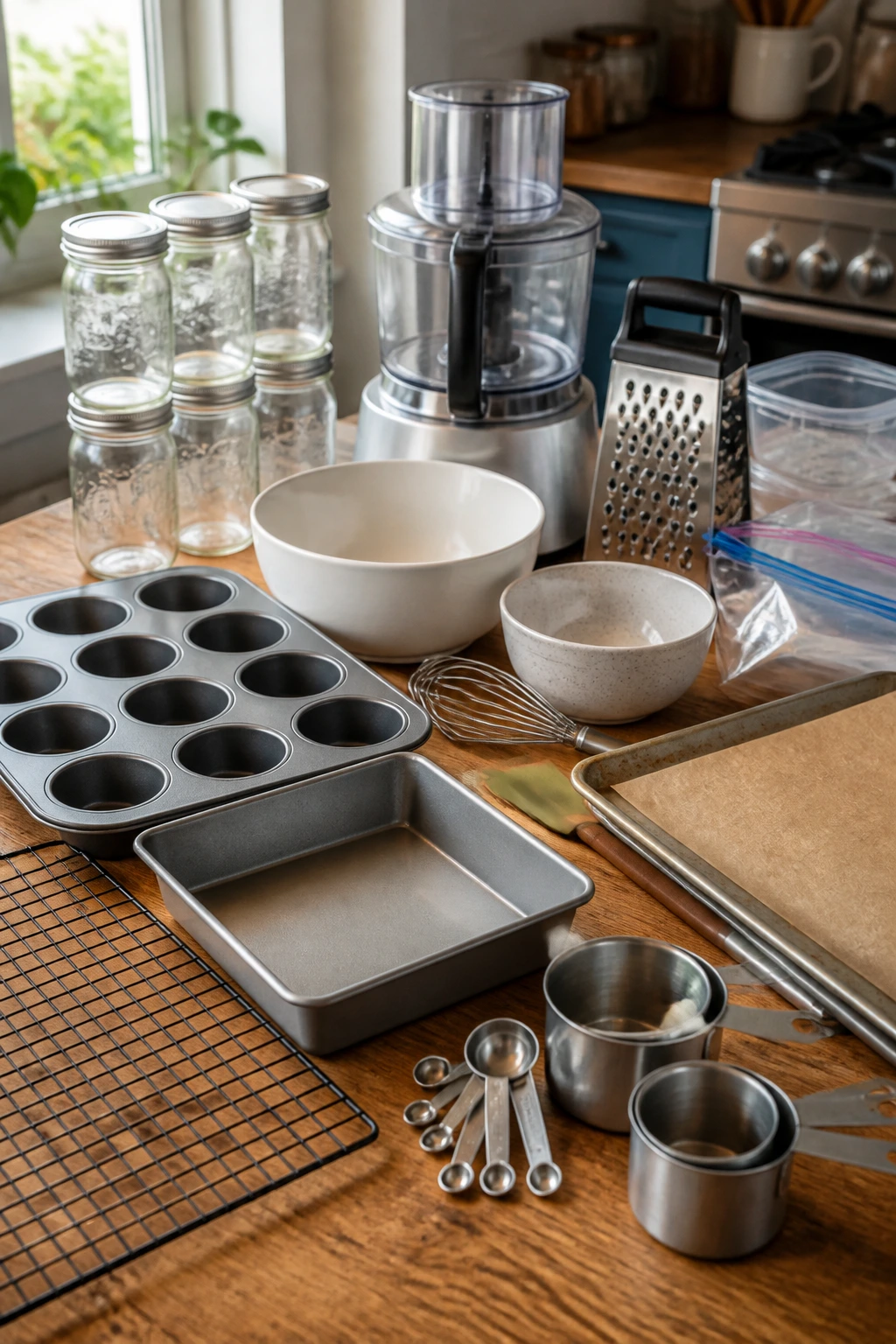 Close-up of essential kitchen equipment arranged on a wooden counter