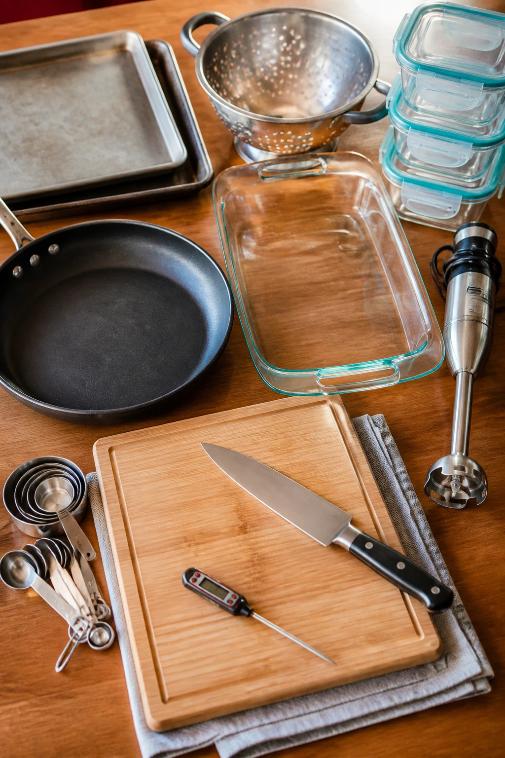 Close-up of essential kitchen equipment arranged on a prep station