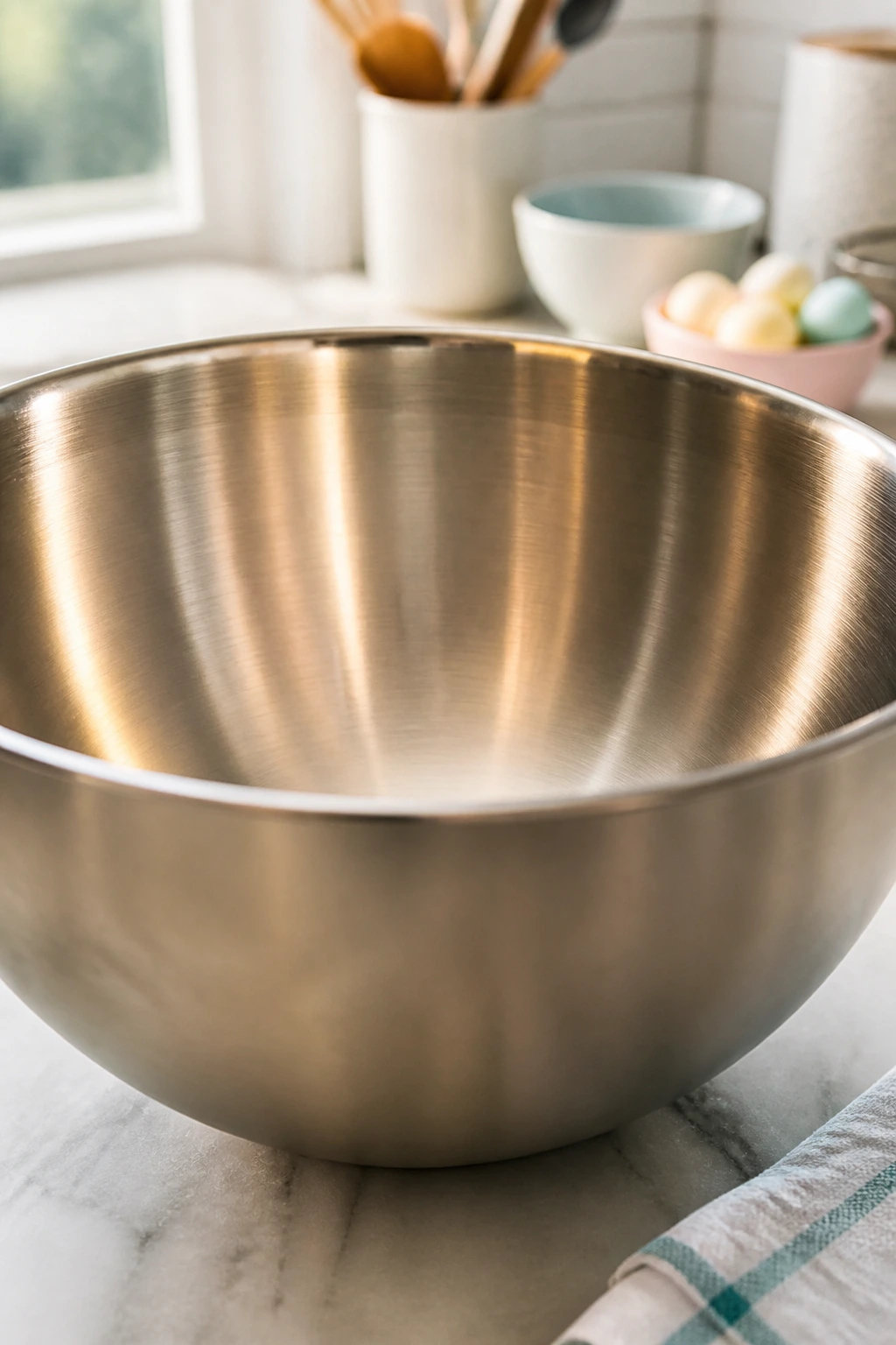 Close-up of a large stainless steel mixing bowl in a bright kitchen, highlighting essential baking equipment