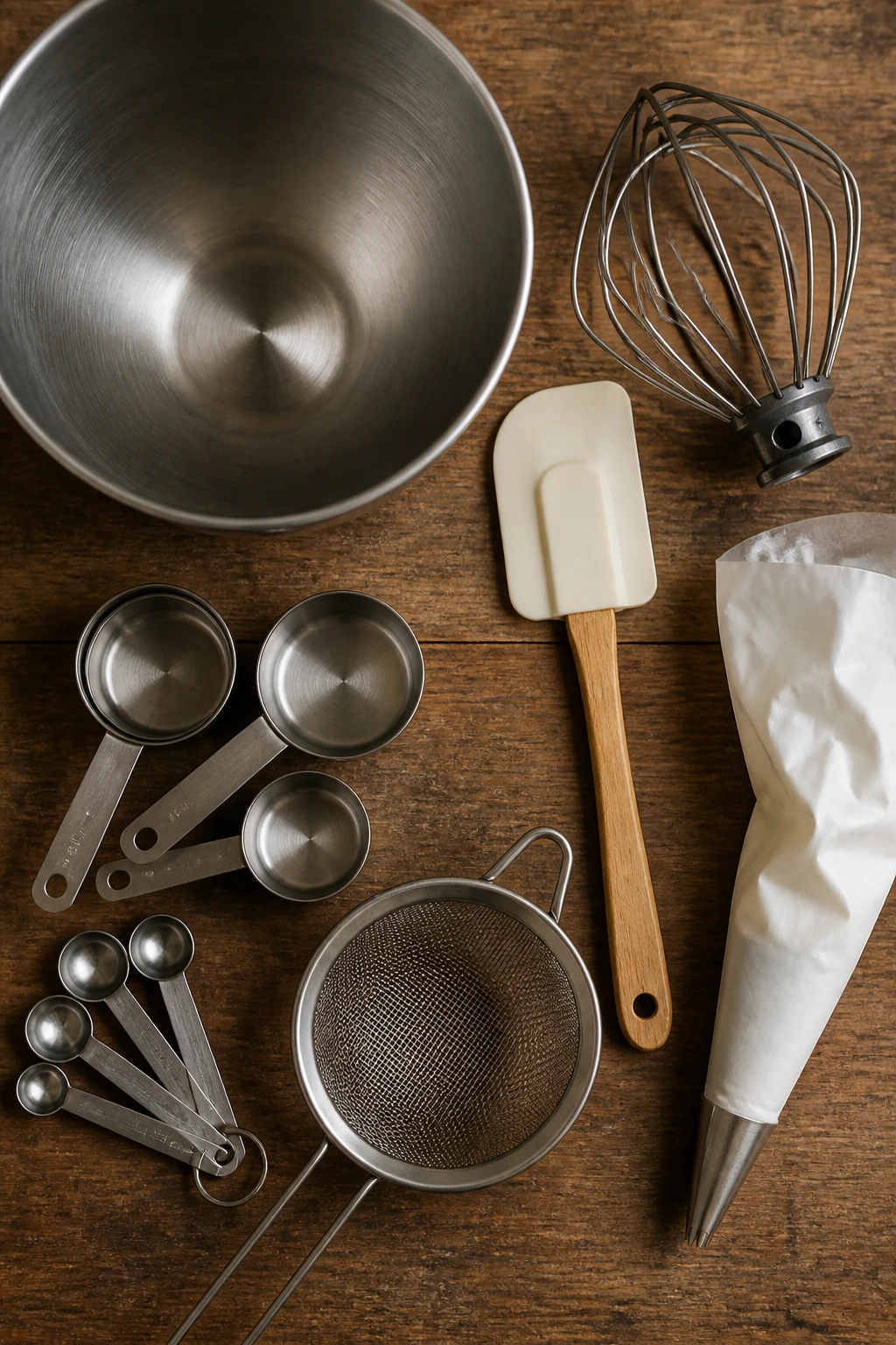 Assorted mousse-making equipment laid out neatly on a wooden surface