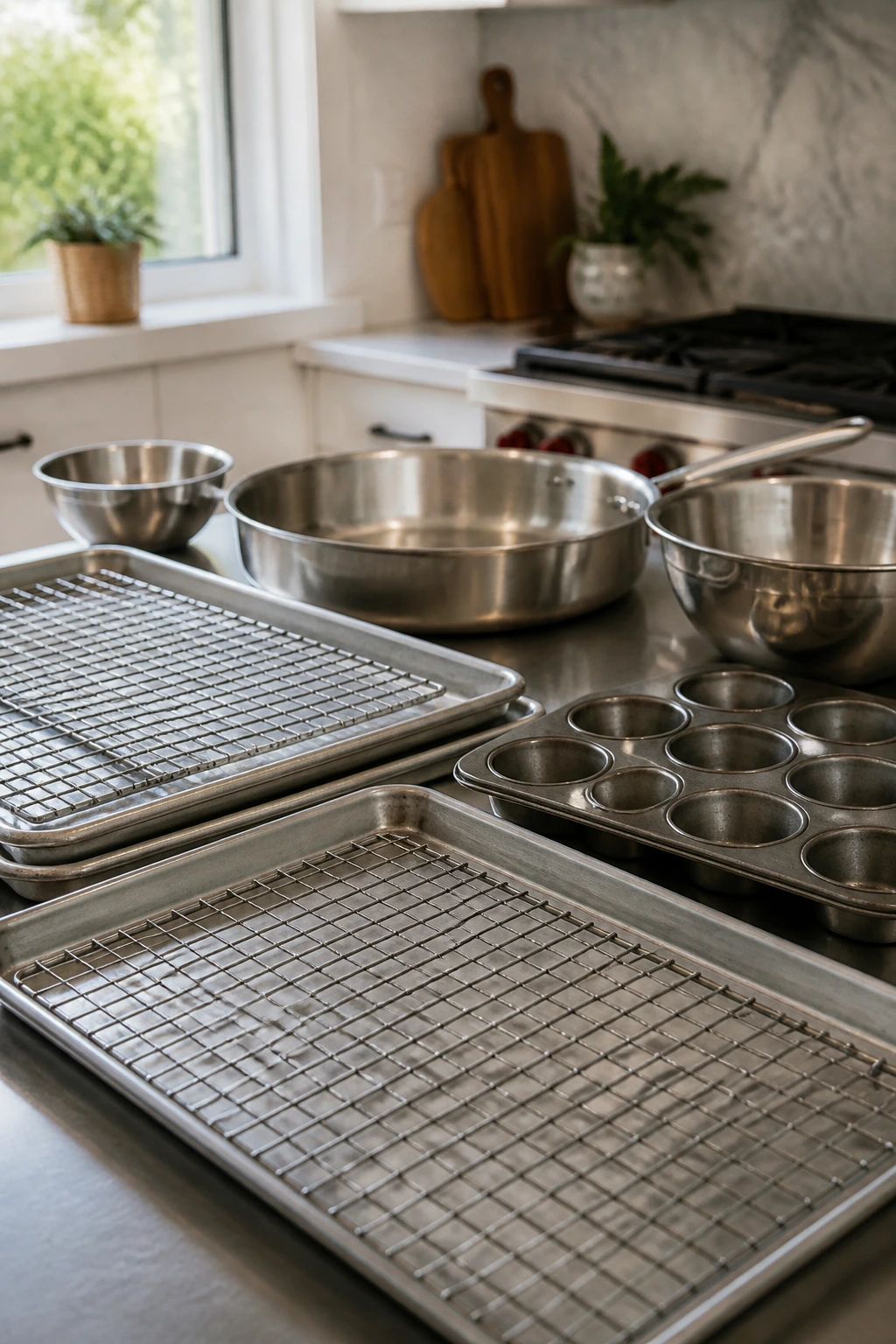 Close-up of essential movie-night kitchen equipment on a counter, including sheet pans, racks, muffin tins, and a skillet.