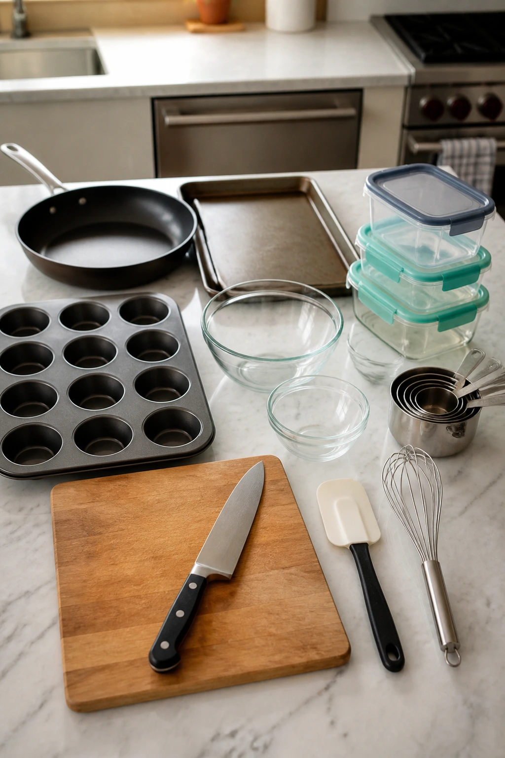 Kitchen tools including muffin tin and baking sheet arranged on counter