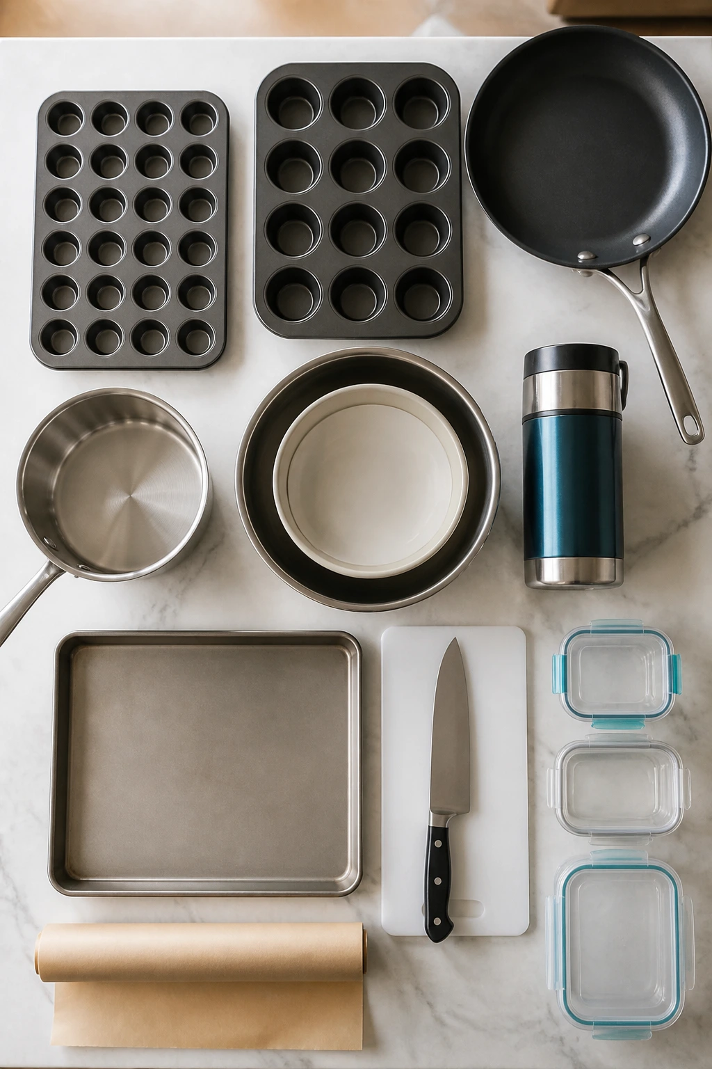 Assorted essential kitchen equipment arranged on a counter.