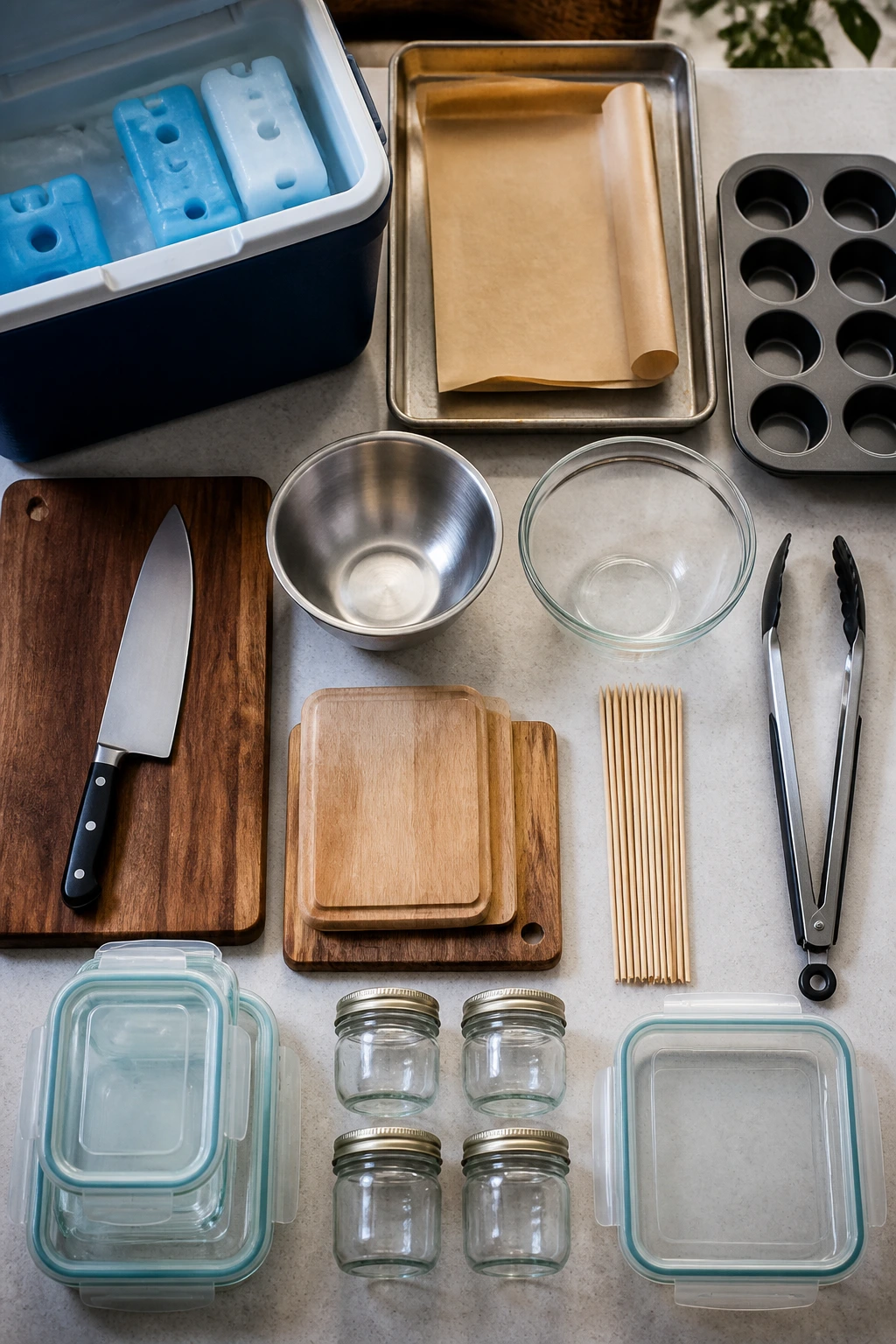 Top-down view of essential picnic-ready kitchen equipment