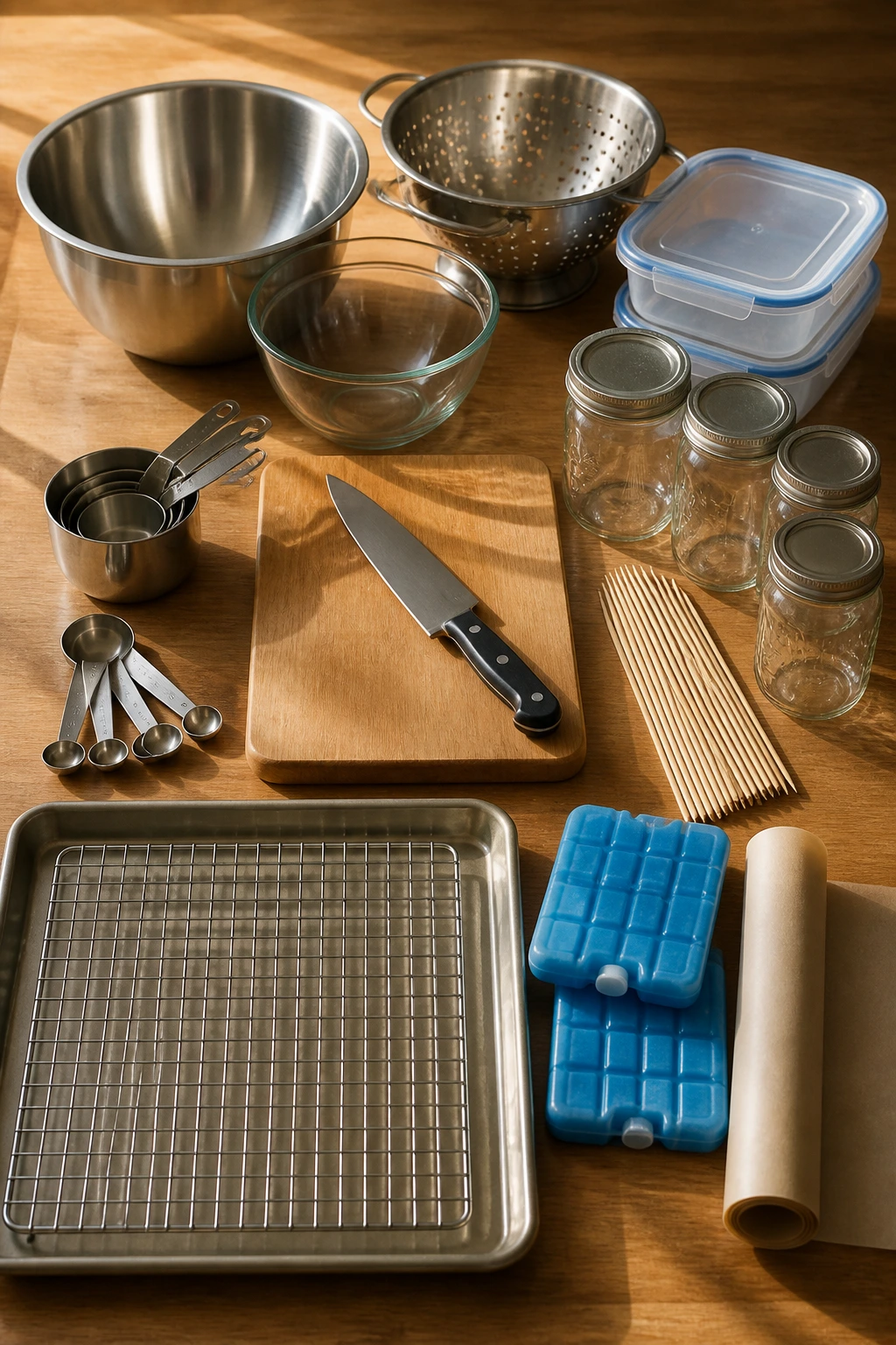 Essential picnic kitchen tools arranged on wooden counter