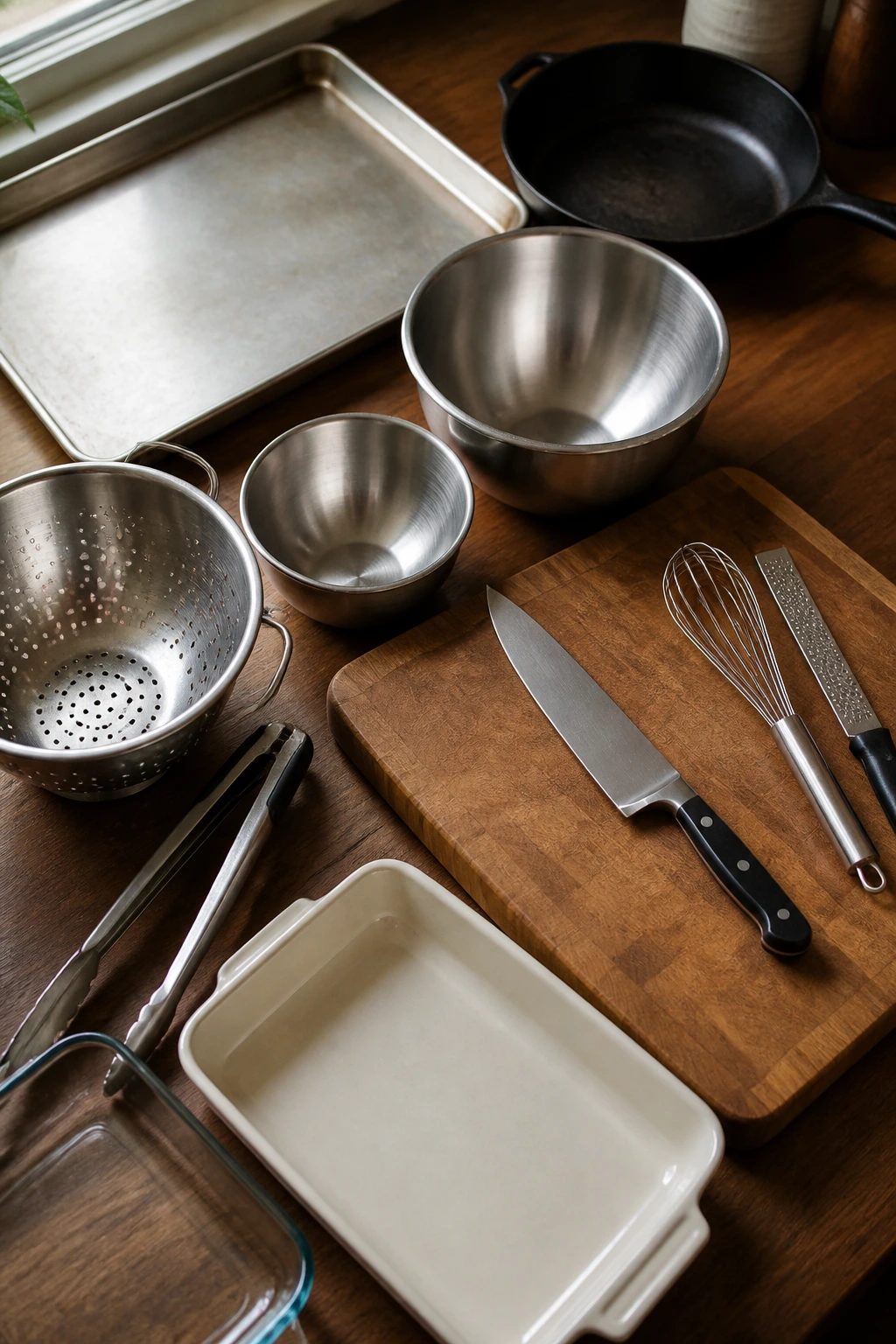 Top-down view of essential kitchen equipment for vegetable sides on a wooden counter