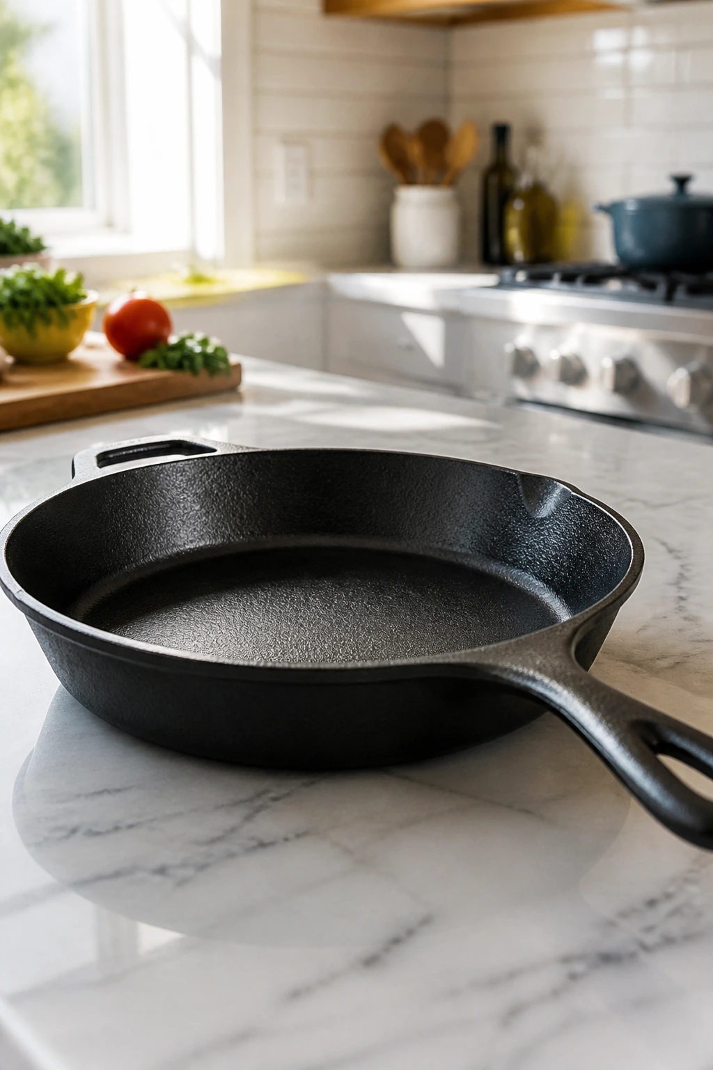 Large skillet on a kitchen counter ready for cooking