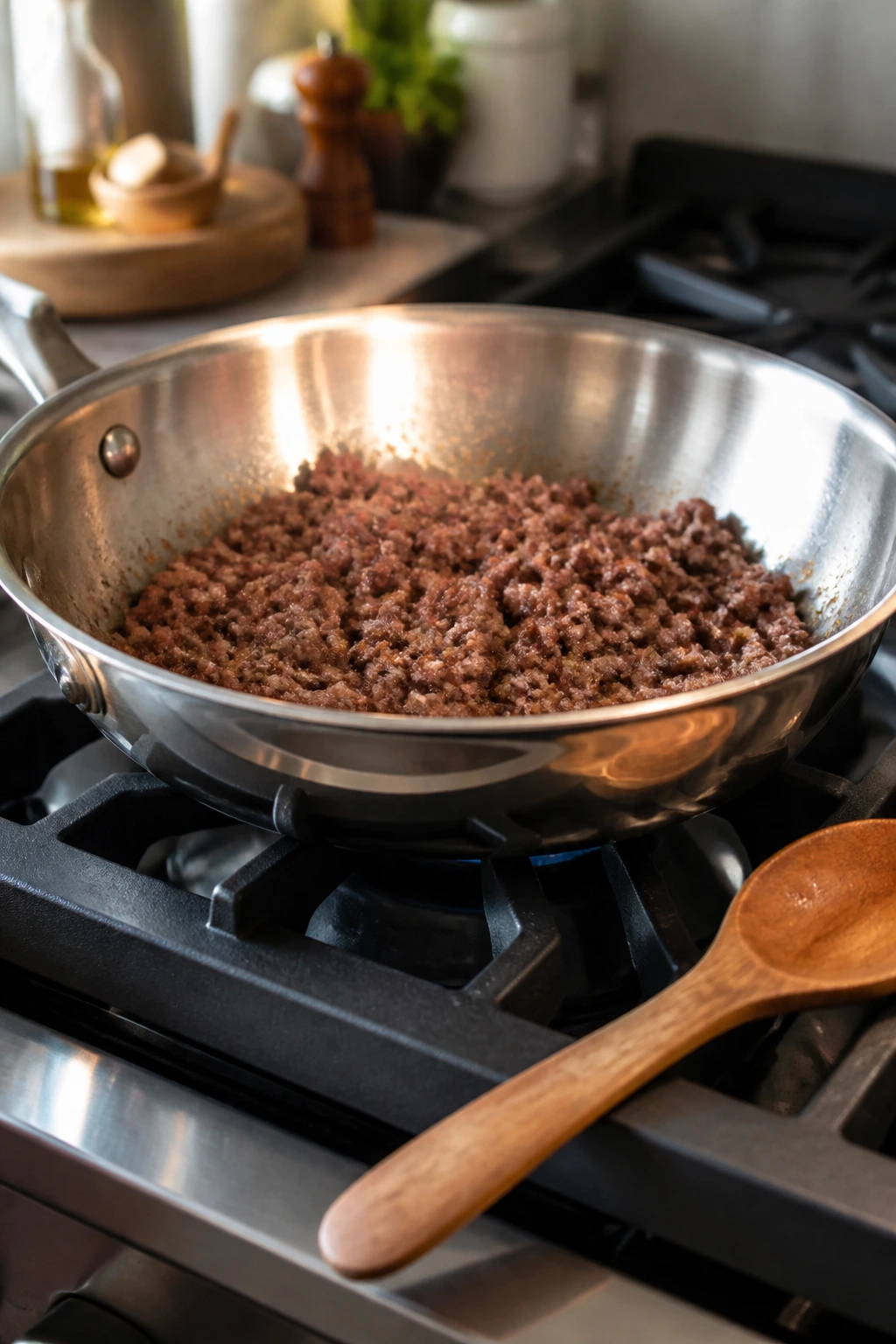 Close-up of a shiny 12-inch skillet as essential cooking equipment.