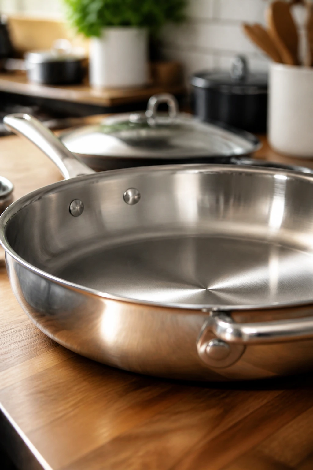 Close-up of a large skillet in a warm home kitchen, highlighting essential cooking equipment