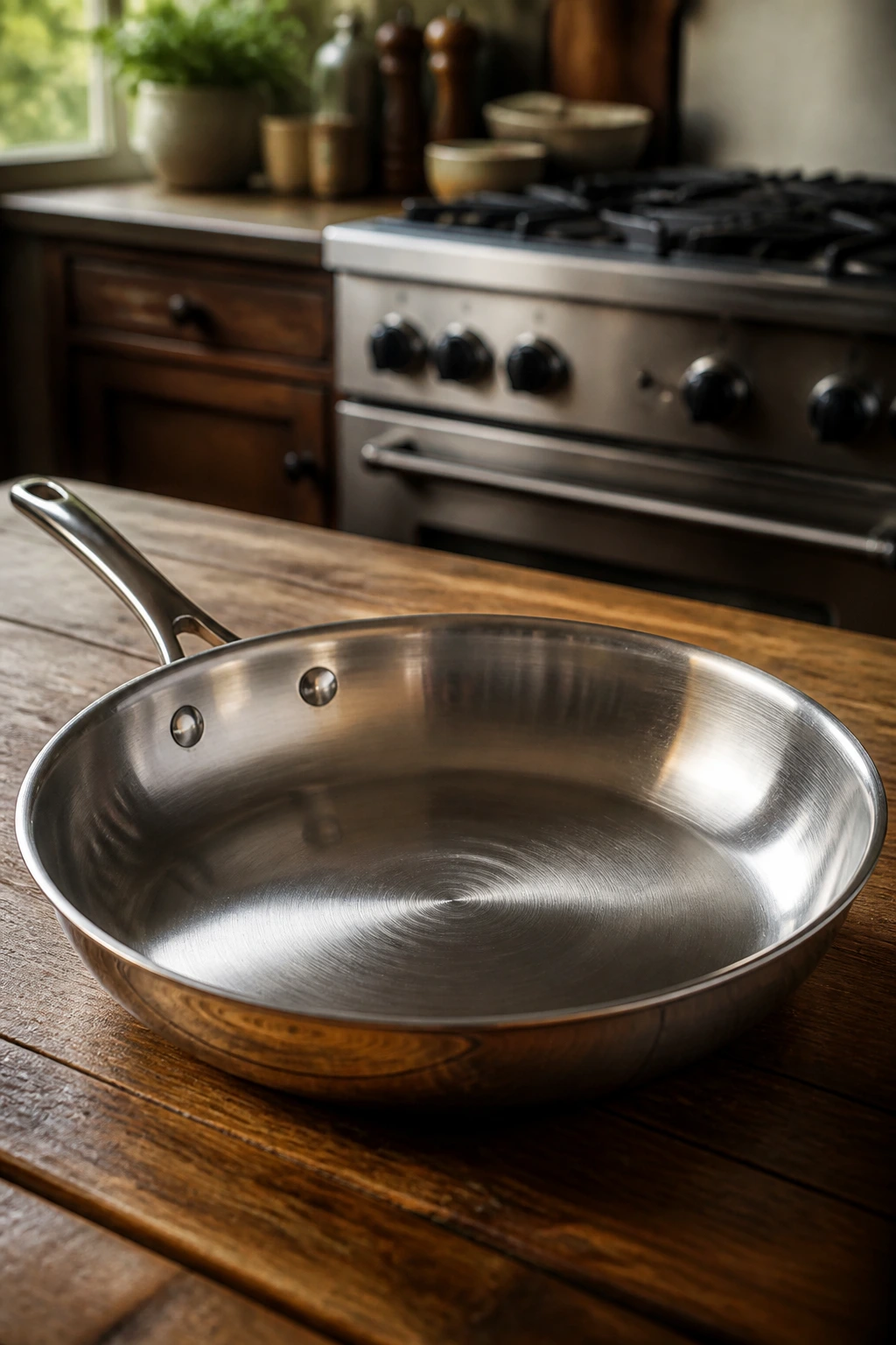 Close-up of a 12-inch skillet on a rustic kitchen counter, highlighting essential beef-cooking equipment