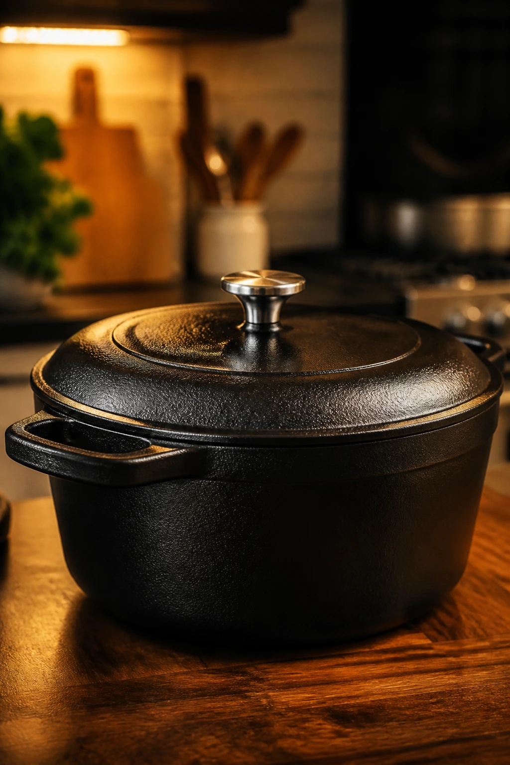 Cast-iron Dutch oven on a wooden counter in a cozy kitchen
