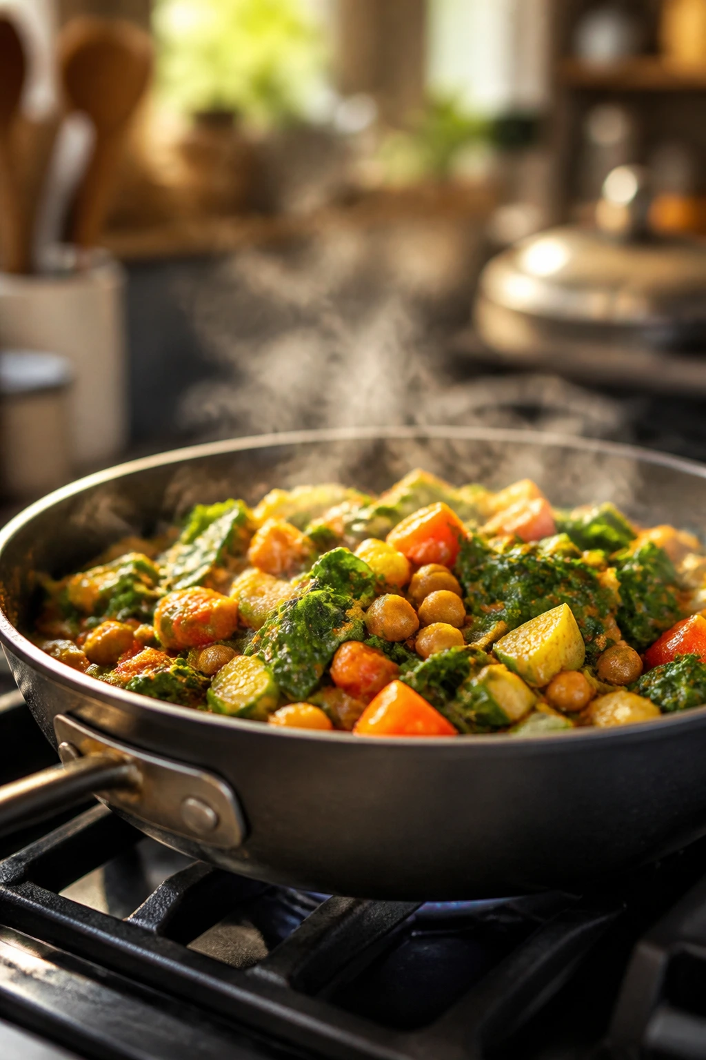 Close-up of a large skillet on a stove in a kitchen