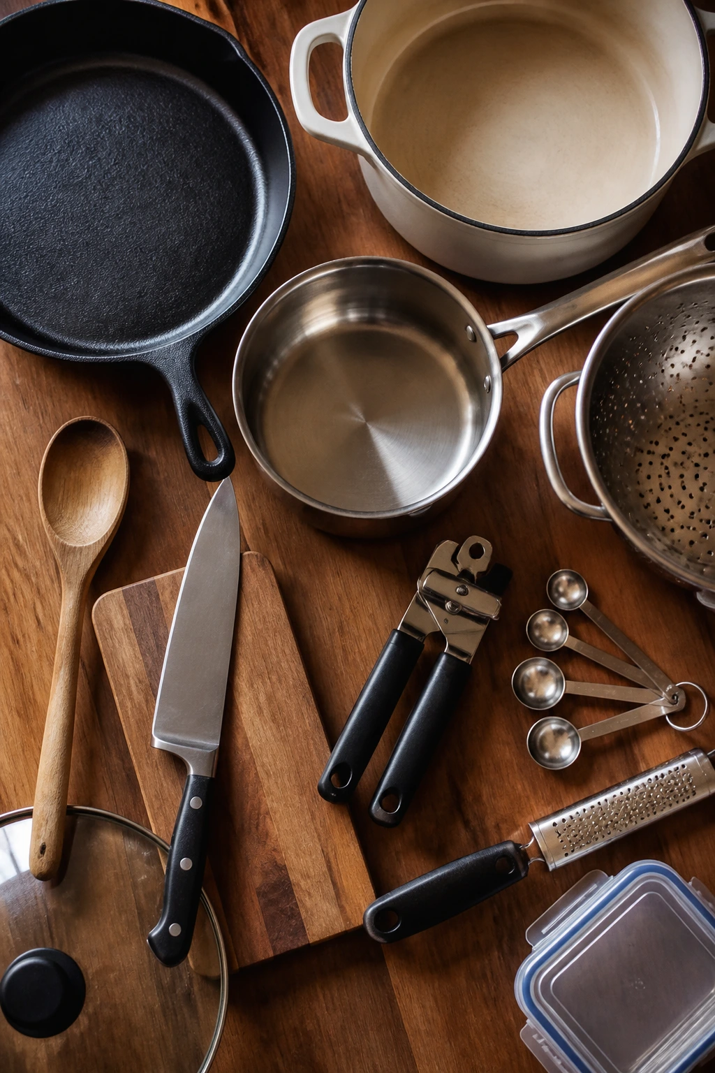 Top-down view of essential kitchen equipment on a wooden counter.
