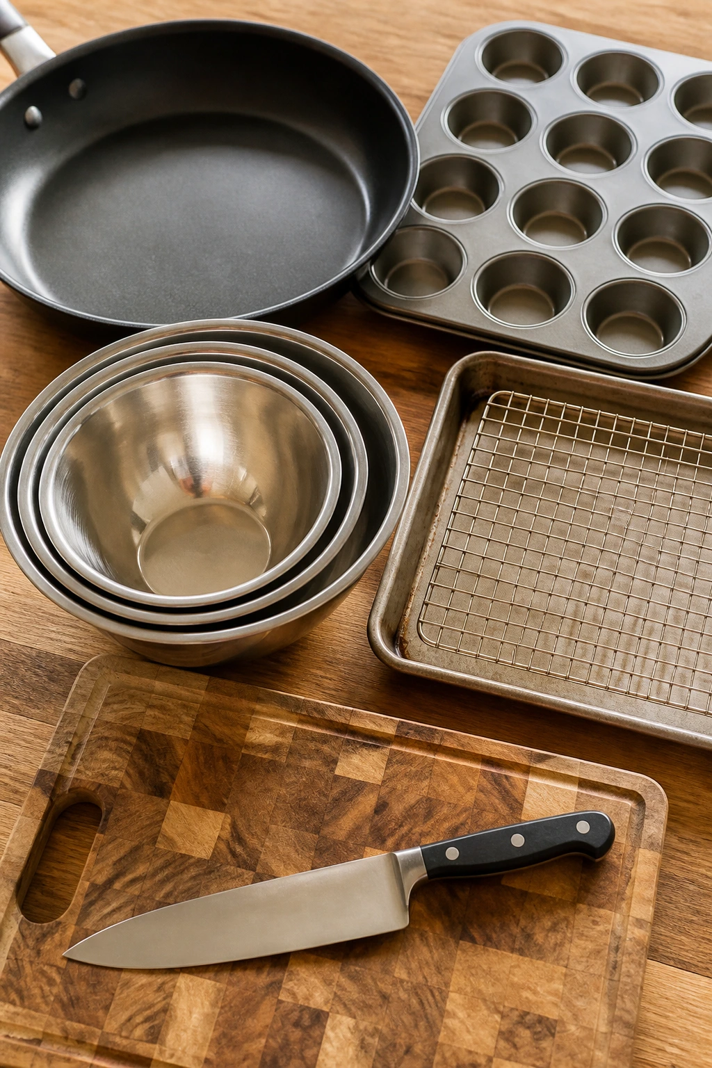 Essential kitchen tools laid out on a wooden counter