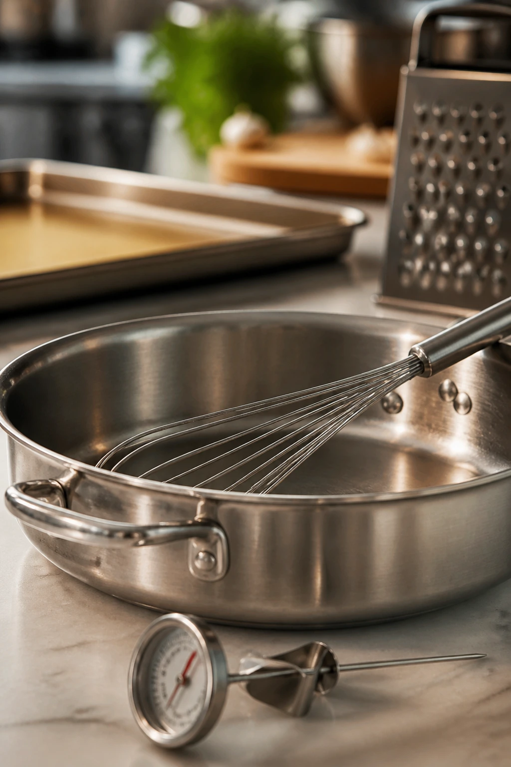 Large skillet with whisk and thermometer as essential kitchen equipment