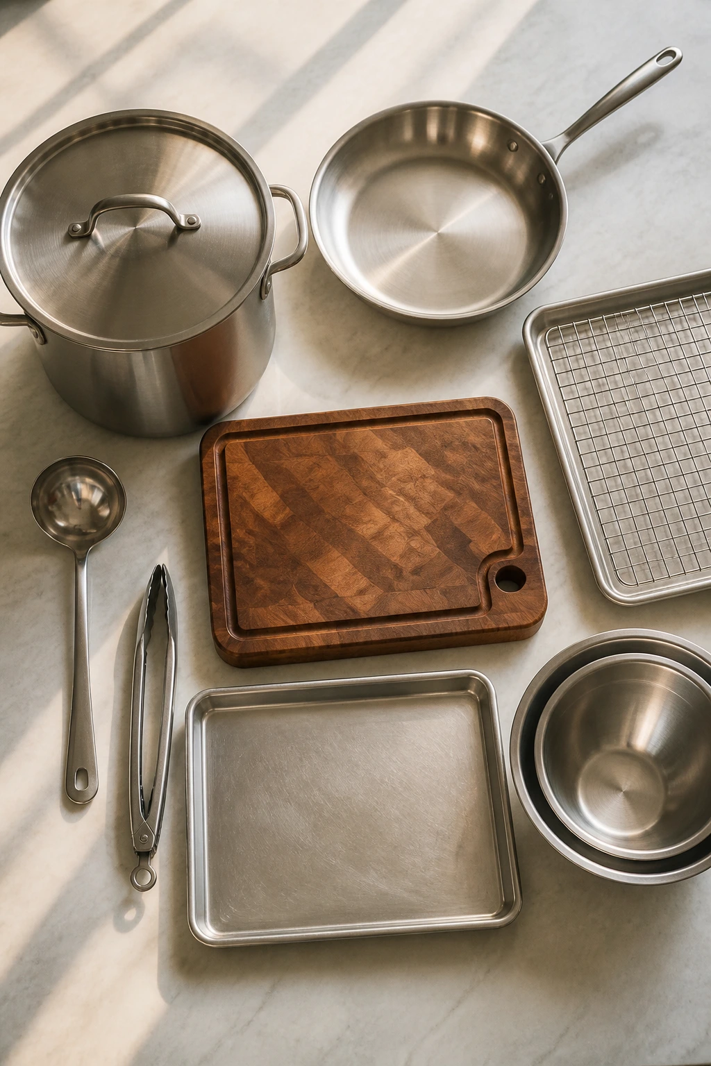 Top-down view of essential soup and sandwich cooking equipment.