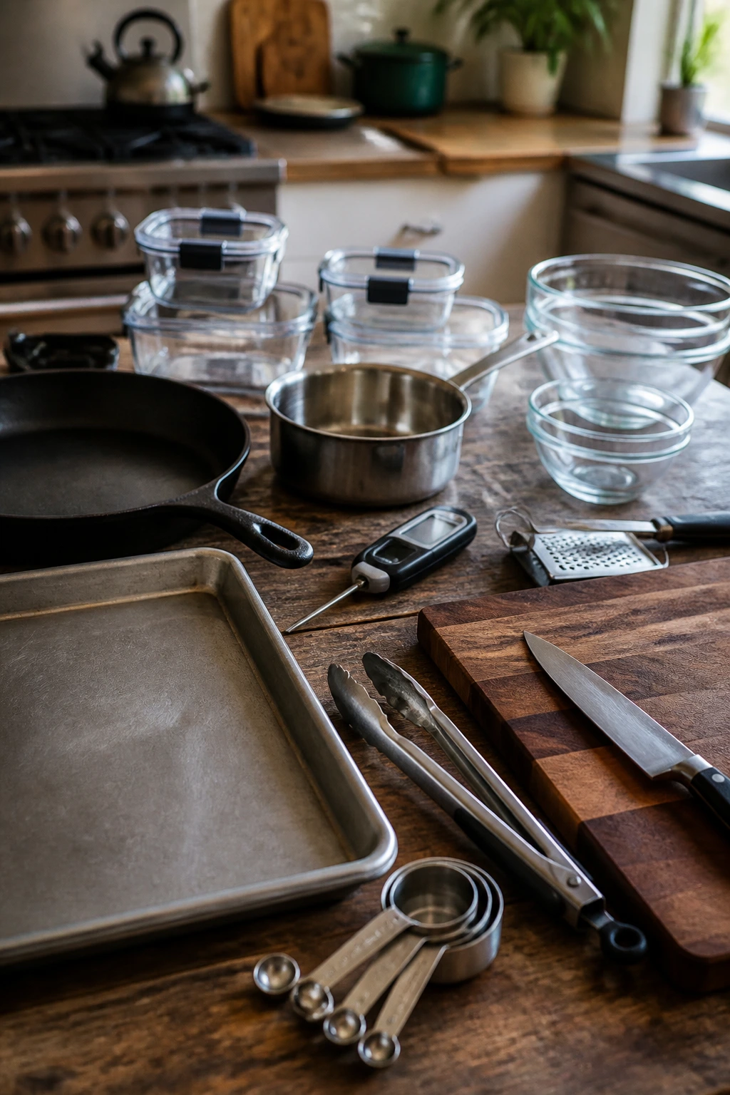 Close-up of essential kitchen equipment including pans, thermometer and bowls on wooden counter.
