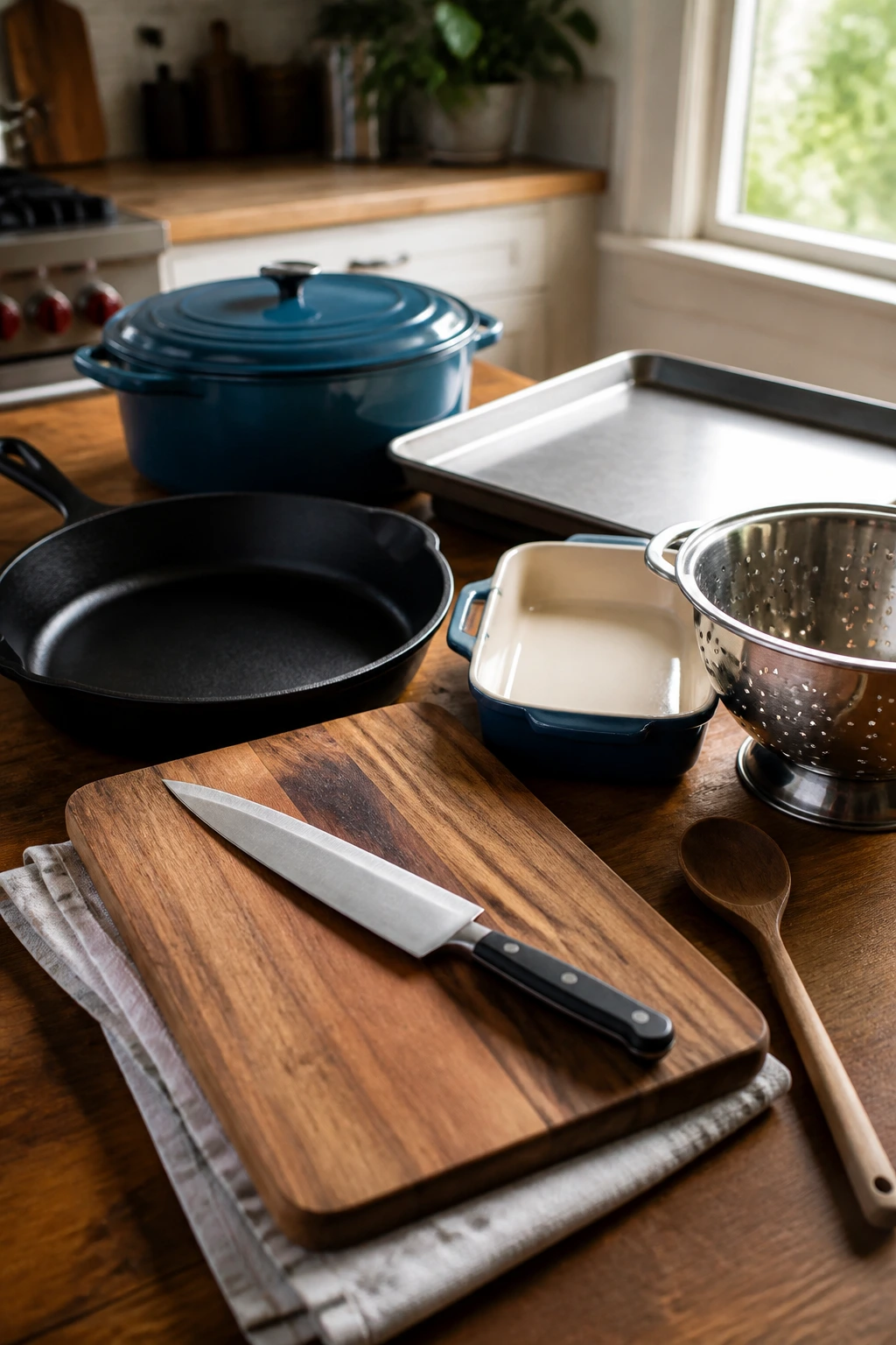 Close-up of essential kitchen equipment laid on a wooden counter.