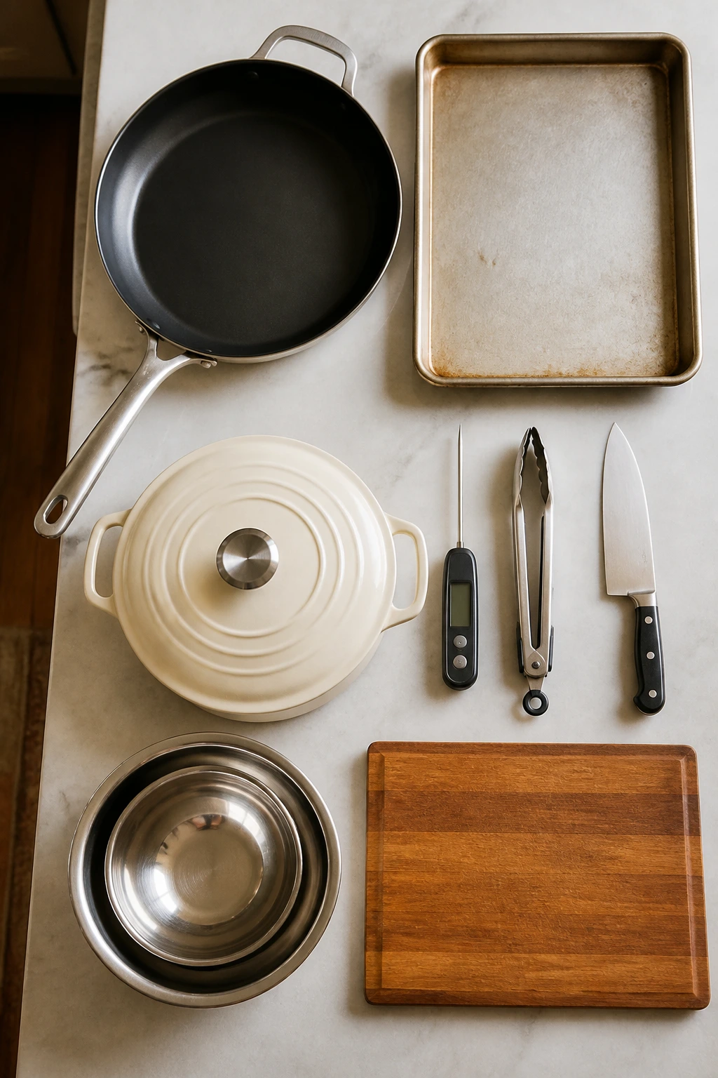 Top-down view of essential kitchen equipment
