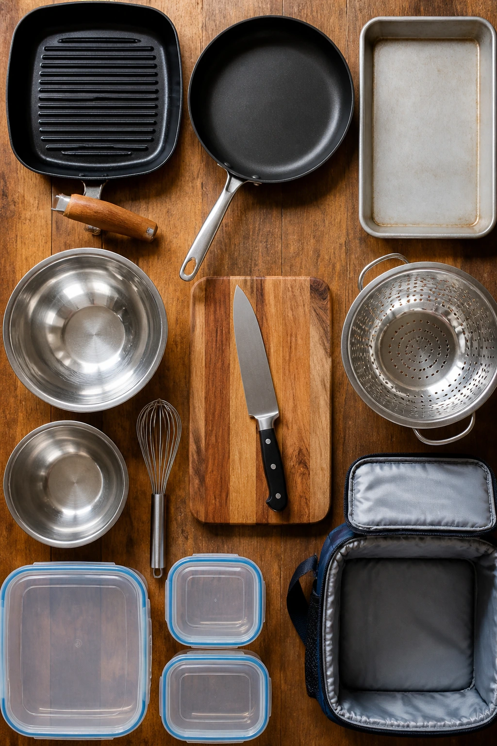 Top-down view of essential kitchen tools on a wooden countertop