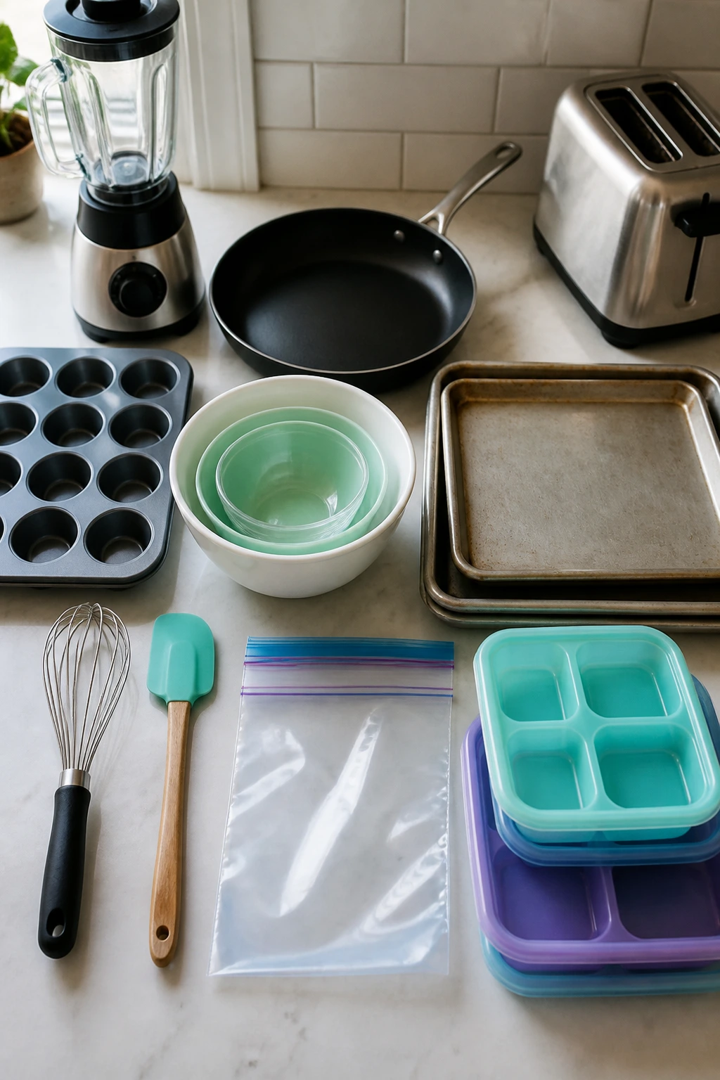 Collection of essential breakfast cooking tools arranged on counter