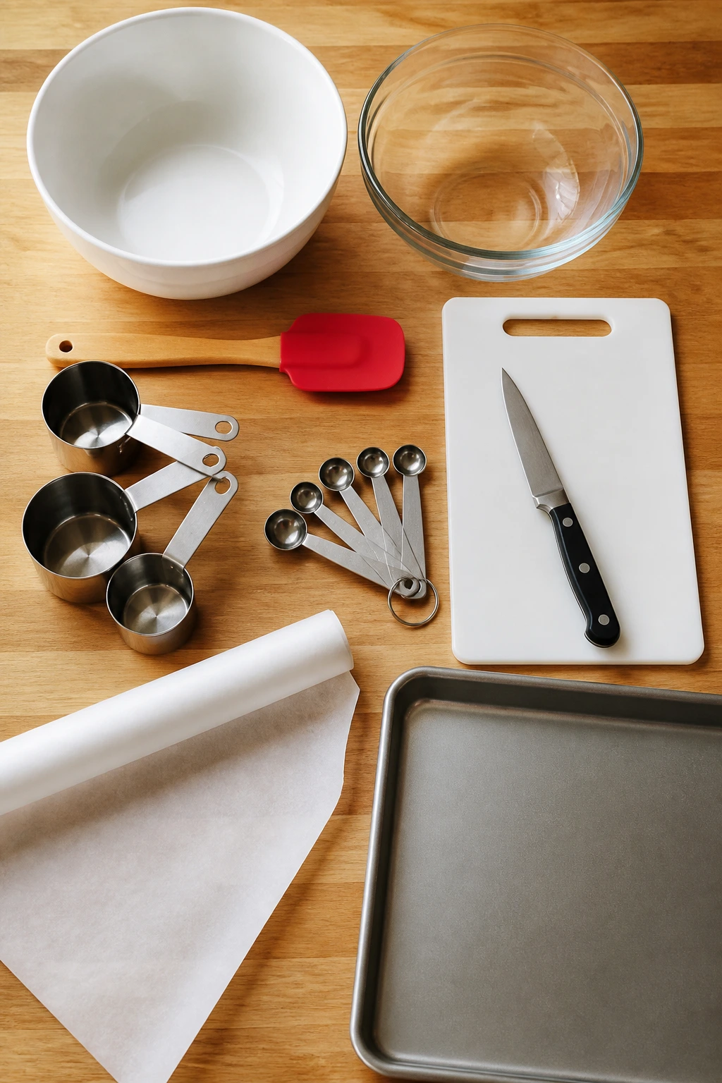 Top-down view of essential kitchen tools including bowls, spatula, measuring cups