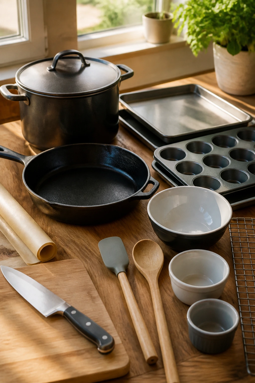 Close-up of essential cooking equipment on a wooden kitchen counter.