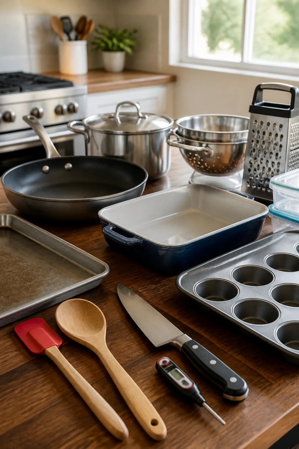 Close-up of essential kitchen equipment arranged on a counter