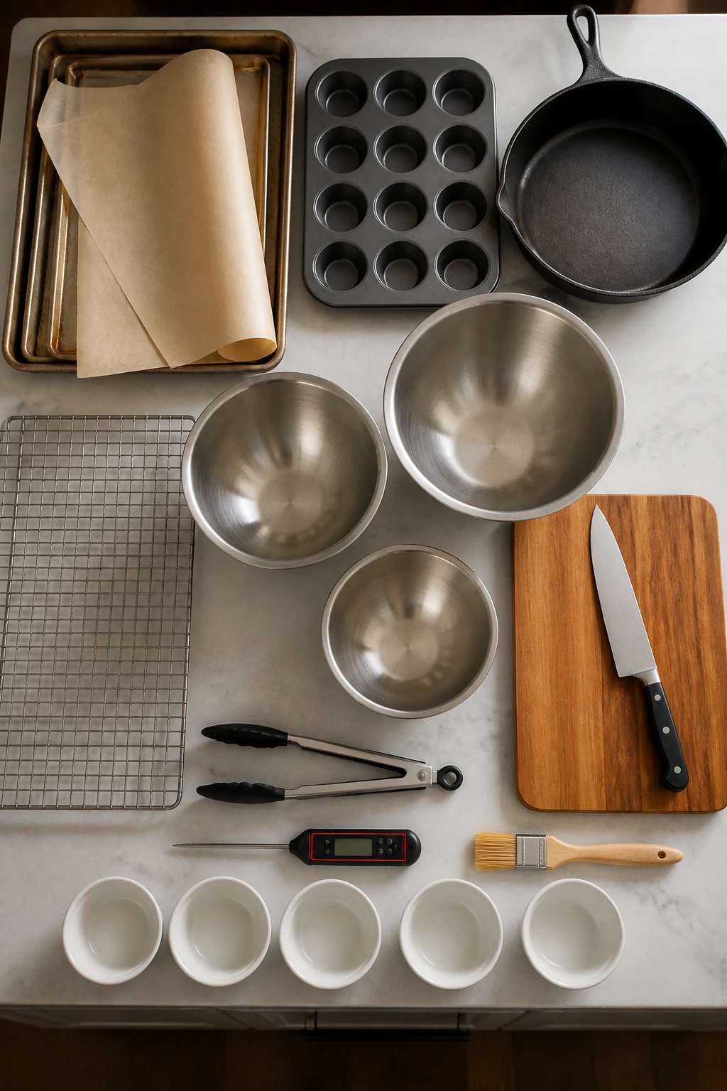 Overhead view of essential kitchen equipment on a counter