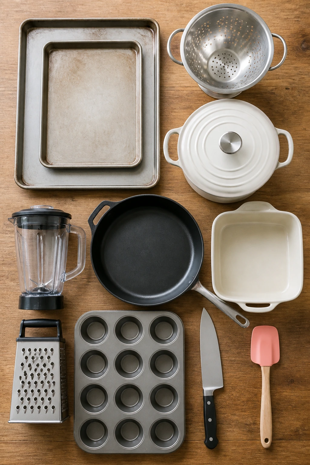 Top-down view of essential kitchen tools arranged on a wooden surface