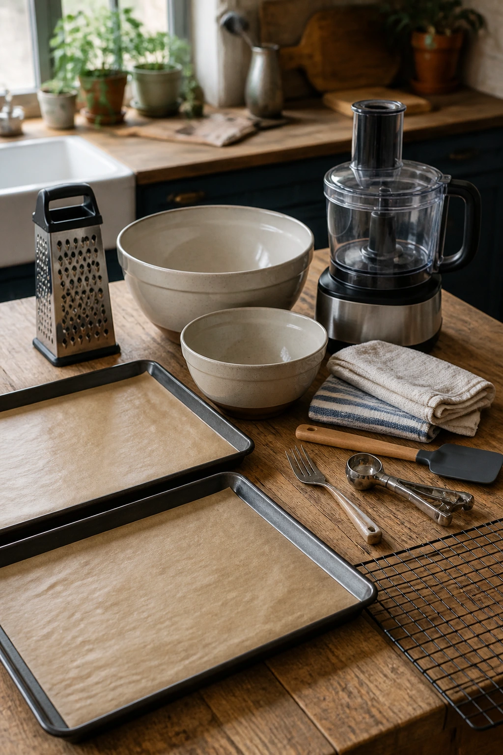 Close-up of essential kitchen equipment for veggie nugget prep on a wooden counter
