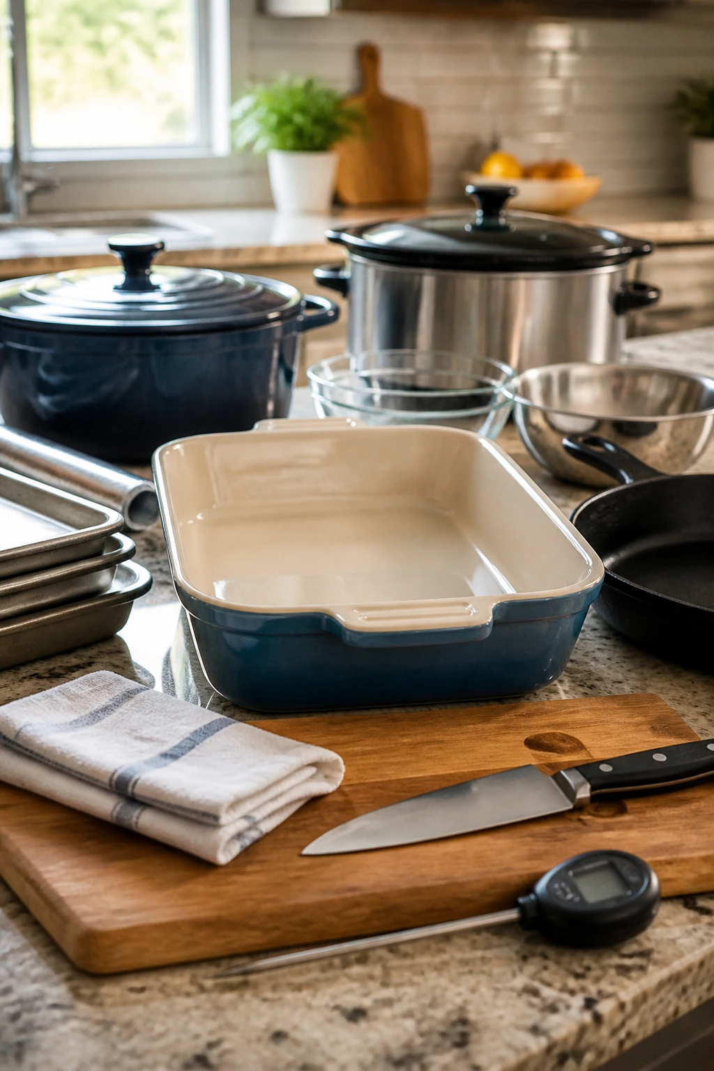 Close-up of a 9x13 baking dish with essential cookware on a kitchen counter