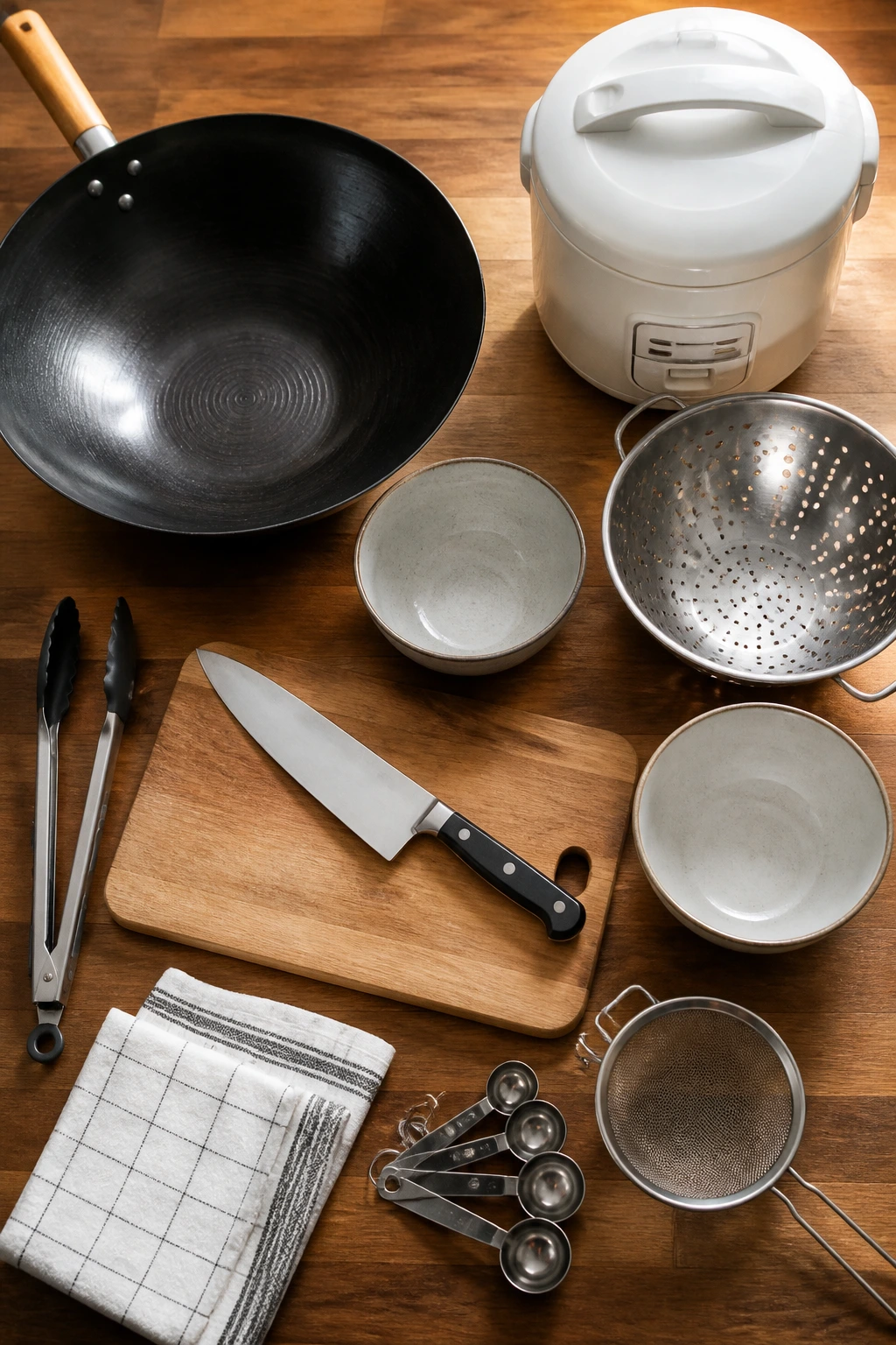 Top-down still life of essential stir-fry cooking tools