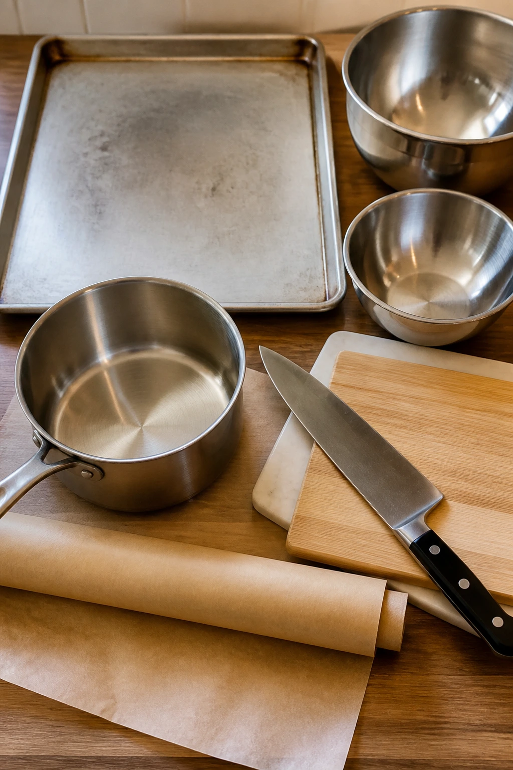 Top-down view of essential kitchen tools on a counter