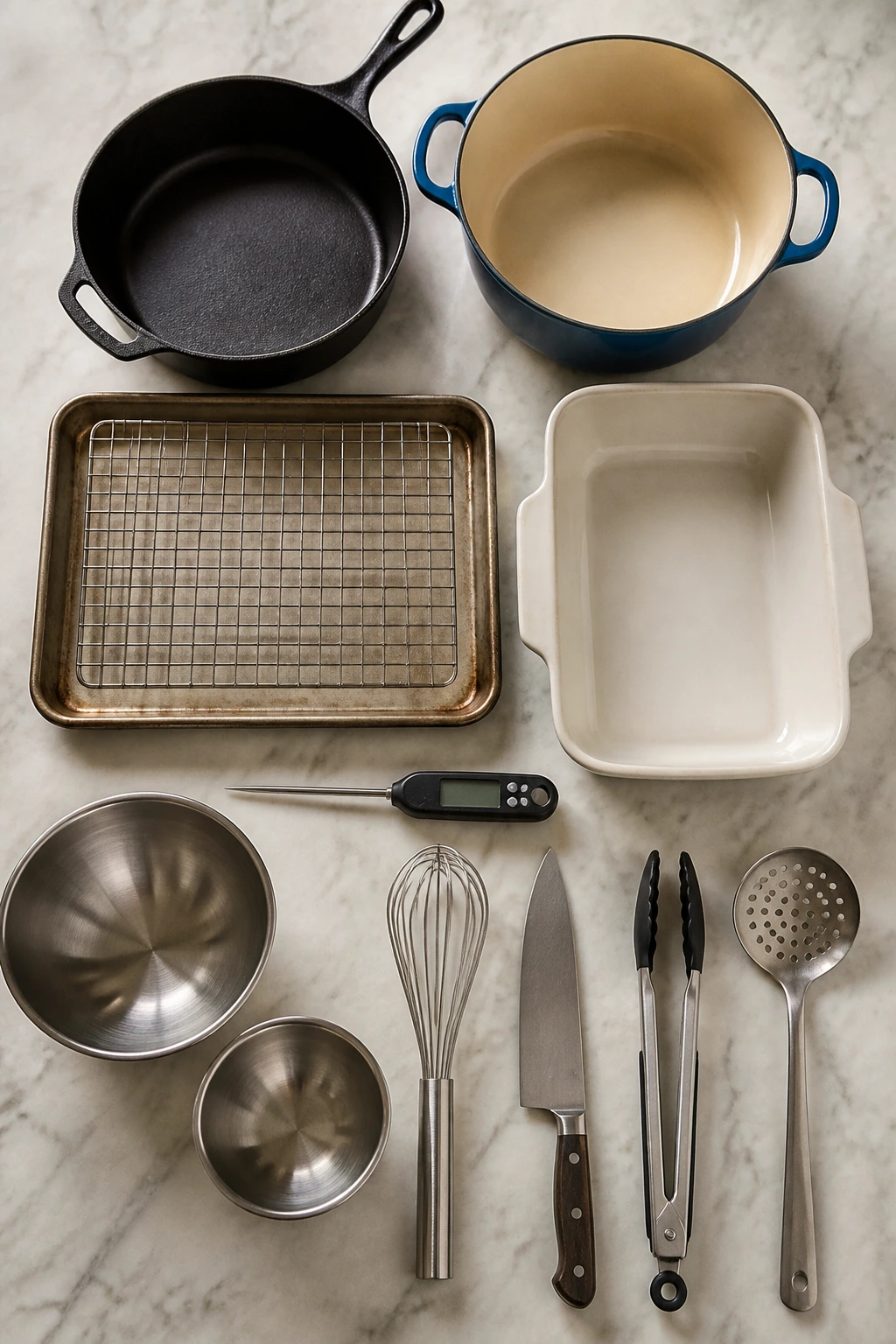 Assorted essential kitchen equipment laid out on counter