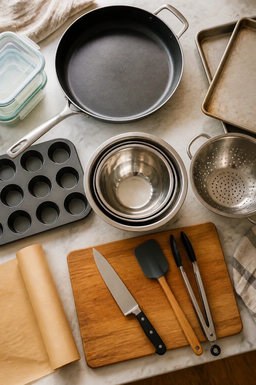 Top-down view of essential kitchen equipment on counter