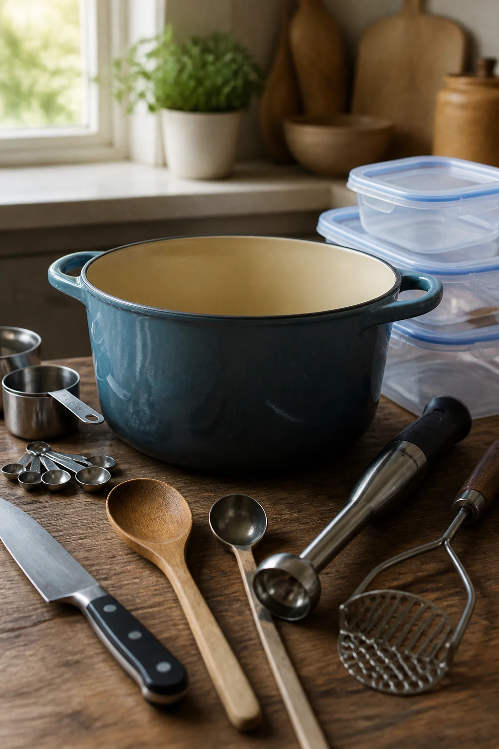 Close-up of essential kitchen equipment arranged on a counter.