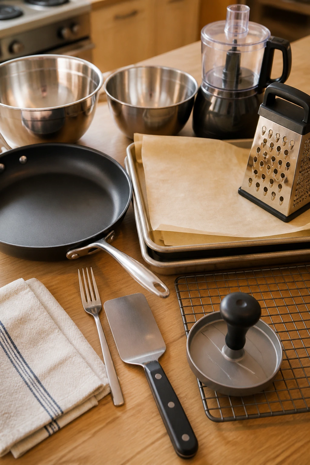 Close-up of essential kitchen equipment arranged on counter for vegan burgers