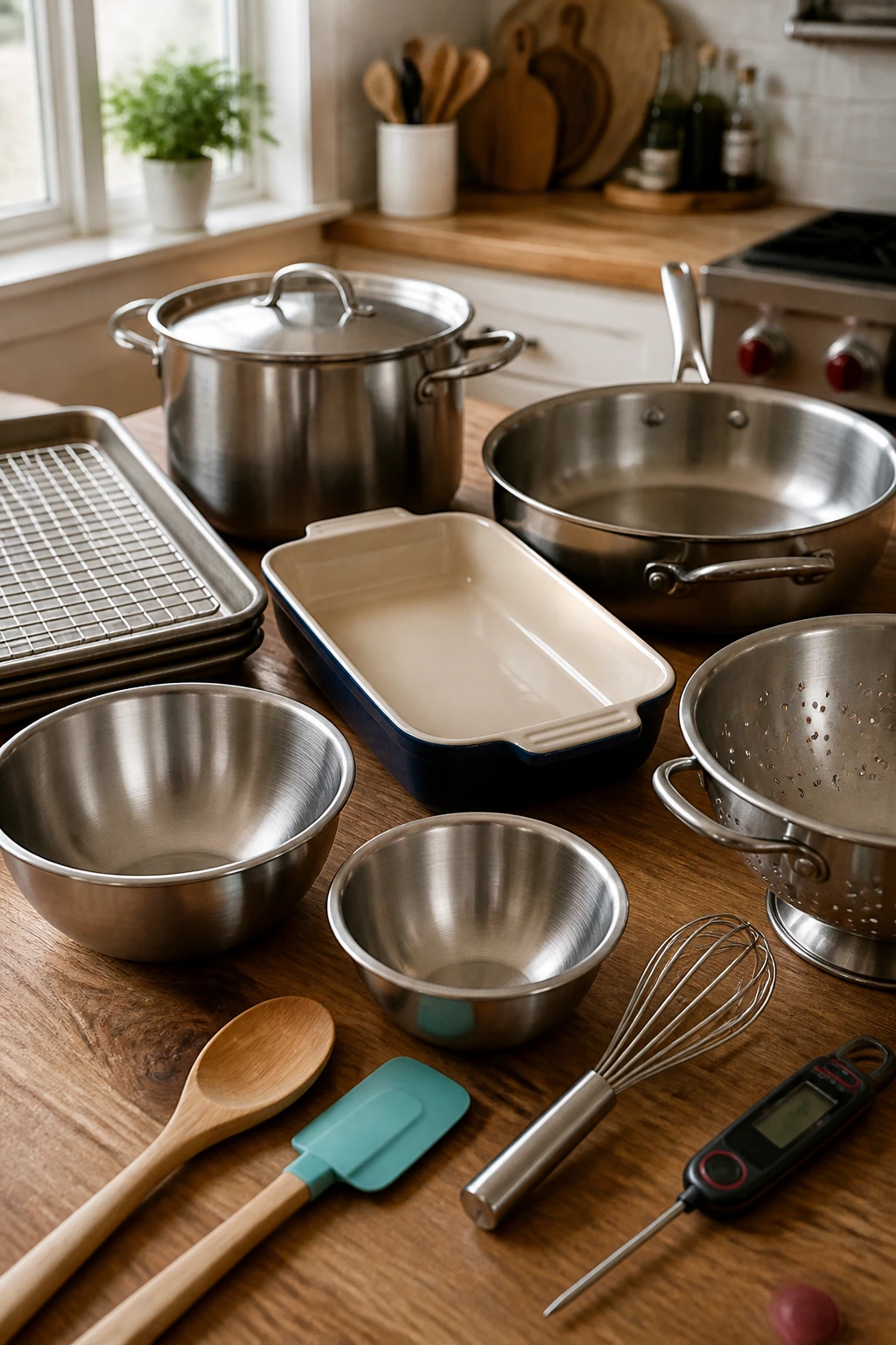 Close-up of essential kitchen equipment on a wooden counter
