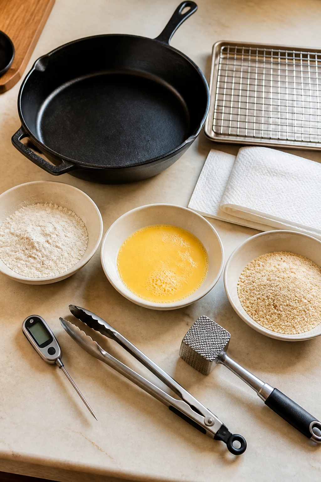 Organized kitchen tools for breading and cooking crusty chicken