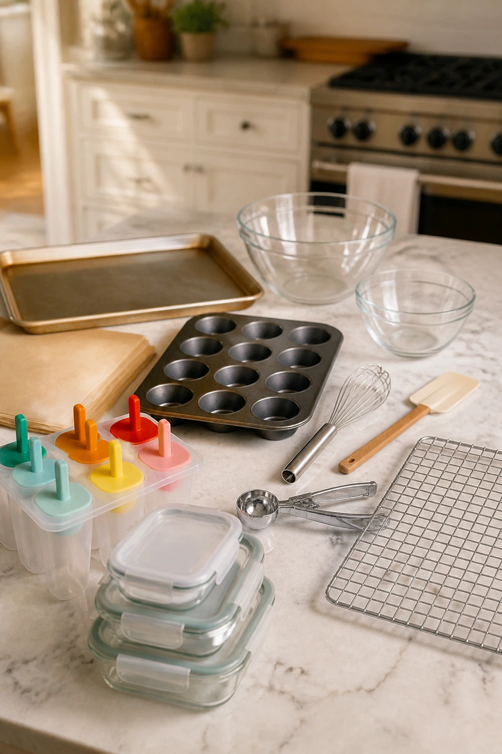 Close-up of essential kitchen gear arranged on a countertop